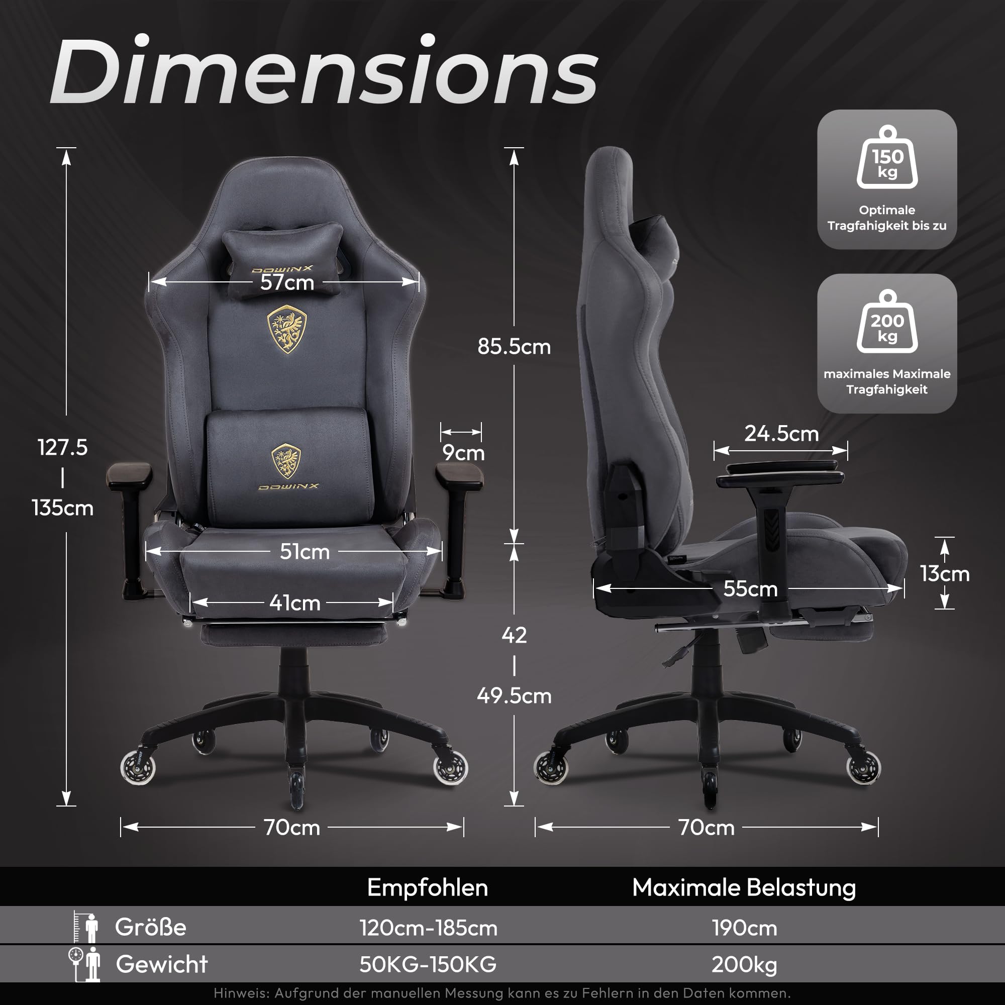 Dowinx Gaming Stuhl,Ergonomischer Wildlederimitat Gamer Chair,Gaming Sessel,Verstellbar Fußstütze und 3D Armlehnen,200KG Tragkraft Bürostuhl mit Geräuschlose Rollen,Schreibtischstuhl,Grau