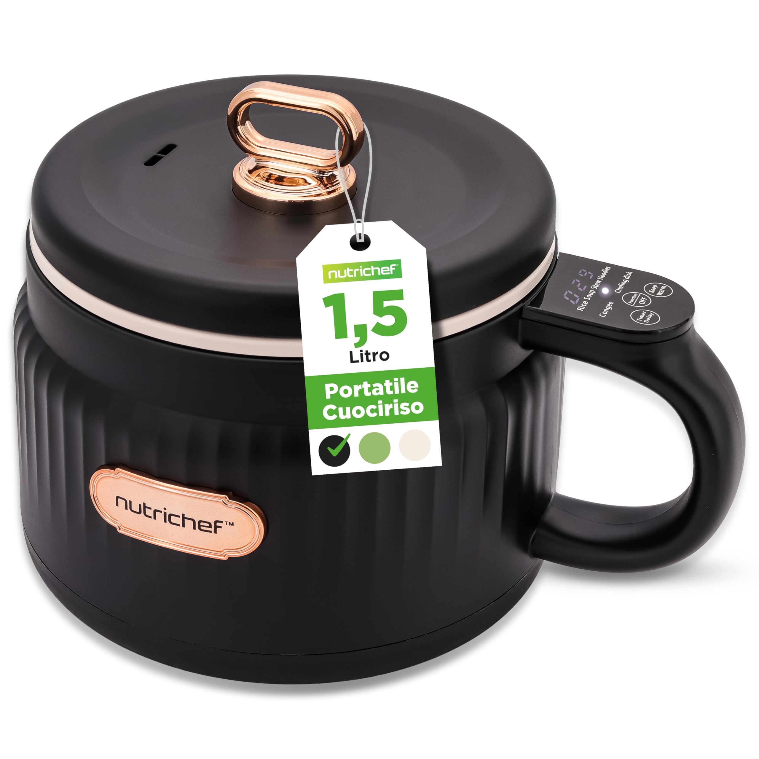 NutriChef Cuoci Riso Elettrico 1,5 Litri, Multi-Funzione con Rivestimento Antiaderente in Ceramica, Pannello Digitale, 6 Funzioni: Riso, Zuppe, Stufati, Porridge Istantaneo, Nero