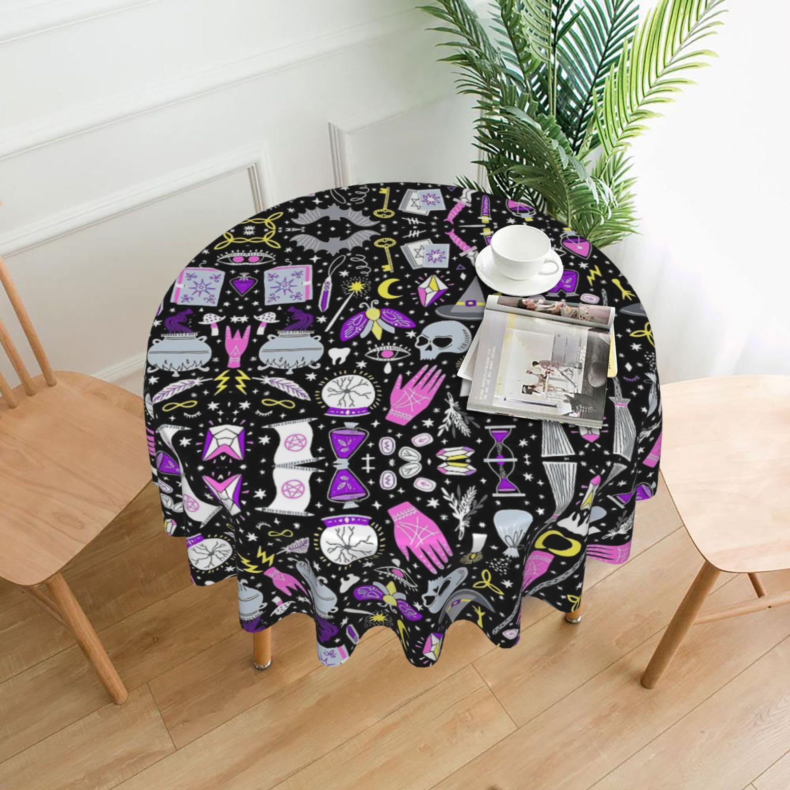 VCzsdff Magic Witch Witchcraft Bohemian Drawing Print Stain Resistant Round Tablecloth 60in Family Friendly Polyester Cloth for Kids Meals