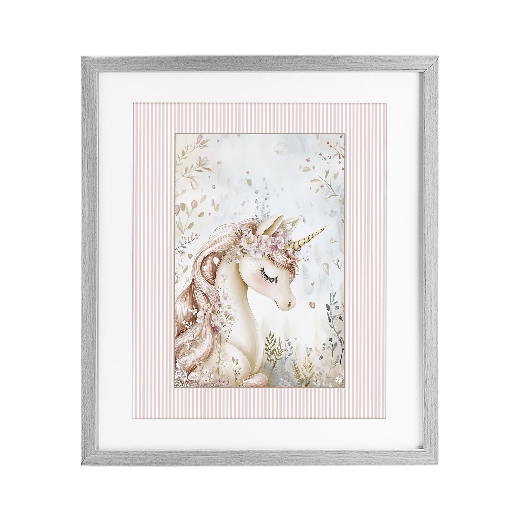 Stupell Industries Whimsical Pastel Unicorn Floral 'Enchanted Dreams Unicorn', Framed Print Under Glass, Gray, 17 X 21 Inches, Easy To Hang And Sturdy, Made In Usa, By Christine Simpson Art