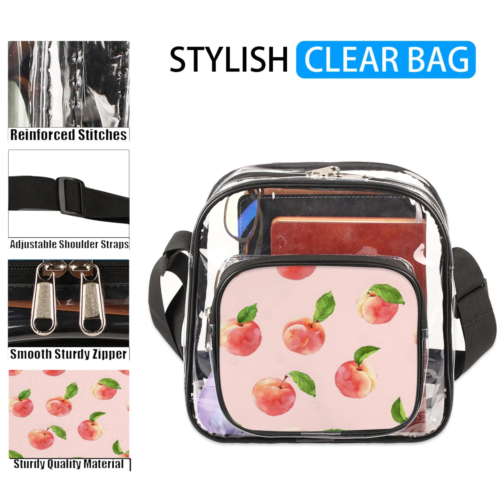GzLeyigou Clear Crossbody Bag Stadium Approved Peaches Transparent Bag for Festivals, Sports Events, Concerts,Beach Bag for Women Men Clear Purse with Front Pocket Messenger Bag with Adjustable Strap