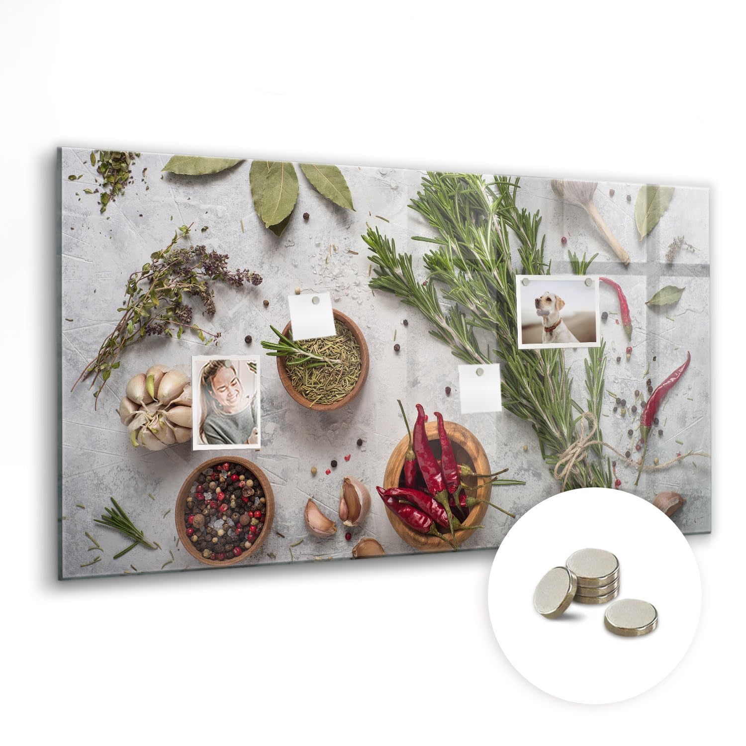Magnettafel Glas mit Zubehör | Schreibtafel abwischbar | Glasboard mit Neodym-Magneten | Modernes Wandboard für Organisation, Planung & kreative Ideen - 120x60cm Gewürze