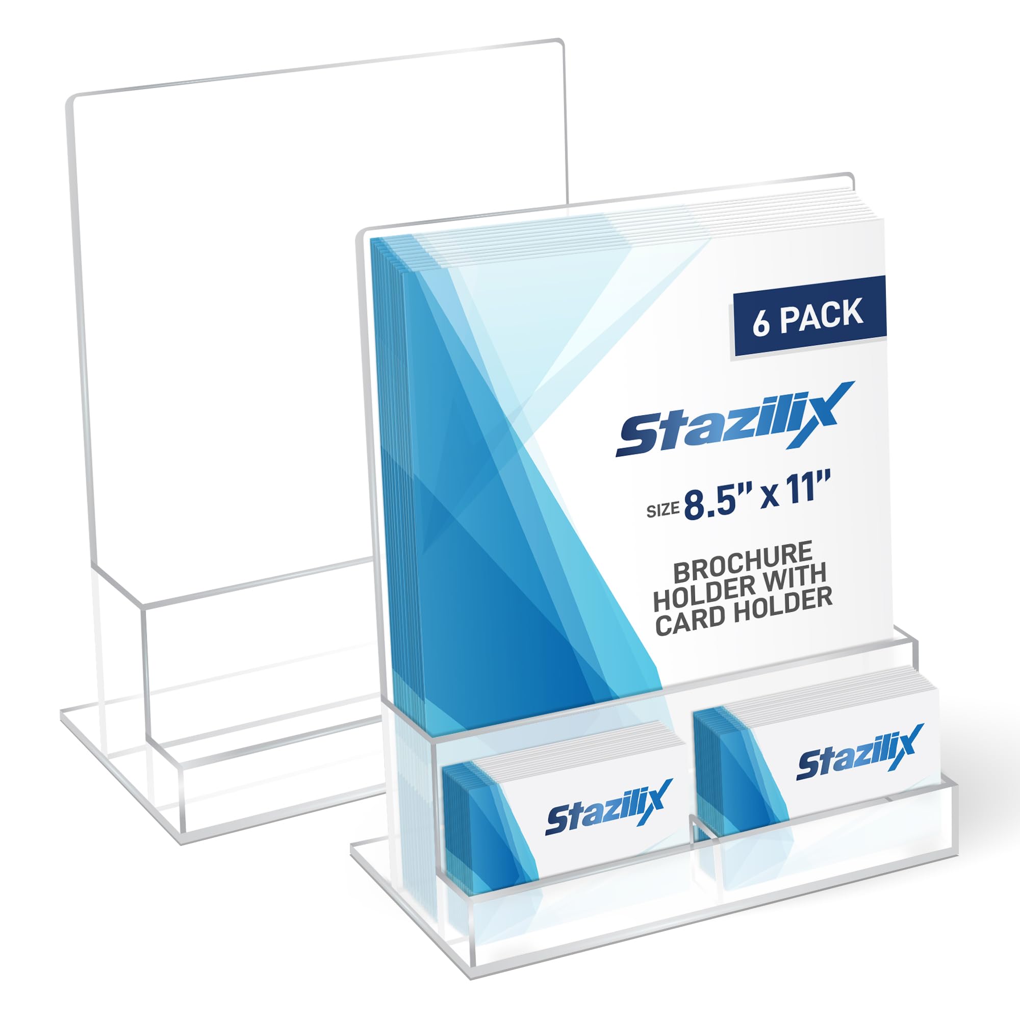 Photo 1 of Stazilix 6 Pack Acrylic Brochure Holder 8.5x11 , Clear Brochure Display Stand with Acrylic And Business Card Holder, Plastic Flyer Display Stand for Magazine, Pamphlet, Booklets, Menu, Journals