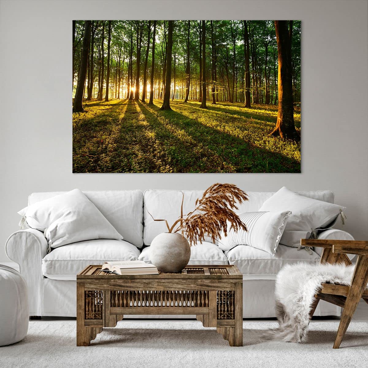 Cuadros Decoracion Salon Bosque verde sol rayos naturaleza Lienzos decorativos 120x80cm Cuadro Sobre Lienzo Moderno Dormitorio Cuadros Pared Imágenes Wall Art Prints Decor Grande XXL AA120x80-2510