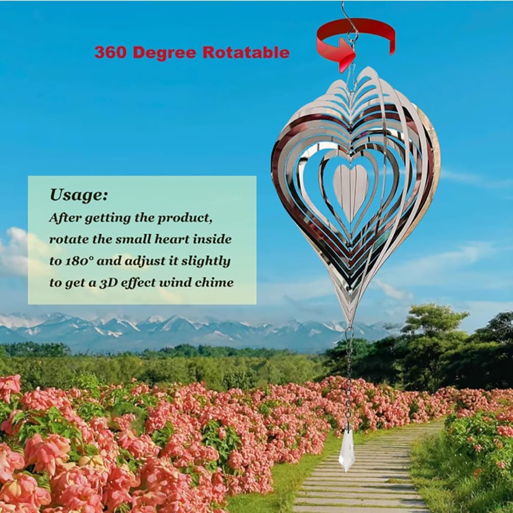 Metal Heart Wind Spinners, Hanging Wind Sculptures for Yard and Garden Decor, Reflective Bird Deterrents for Outside Windows Patio Porch, Silver 3D Hanging Wind Chimes with Pandant (Silver Heart)