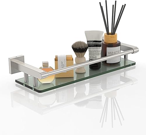 Estantes de vidrio para baño, estantes de baño de níquel cepillado de 16 pulgadas para pared, rectangulares de acero inoxidable, vidrio templado,