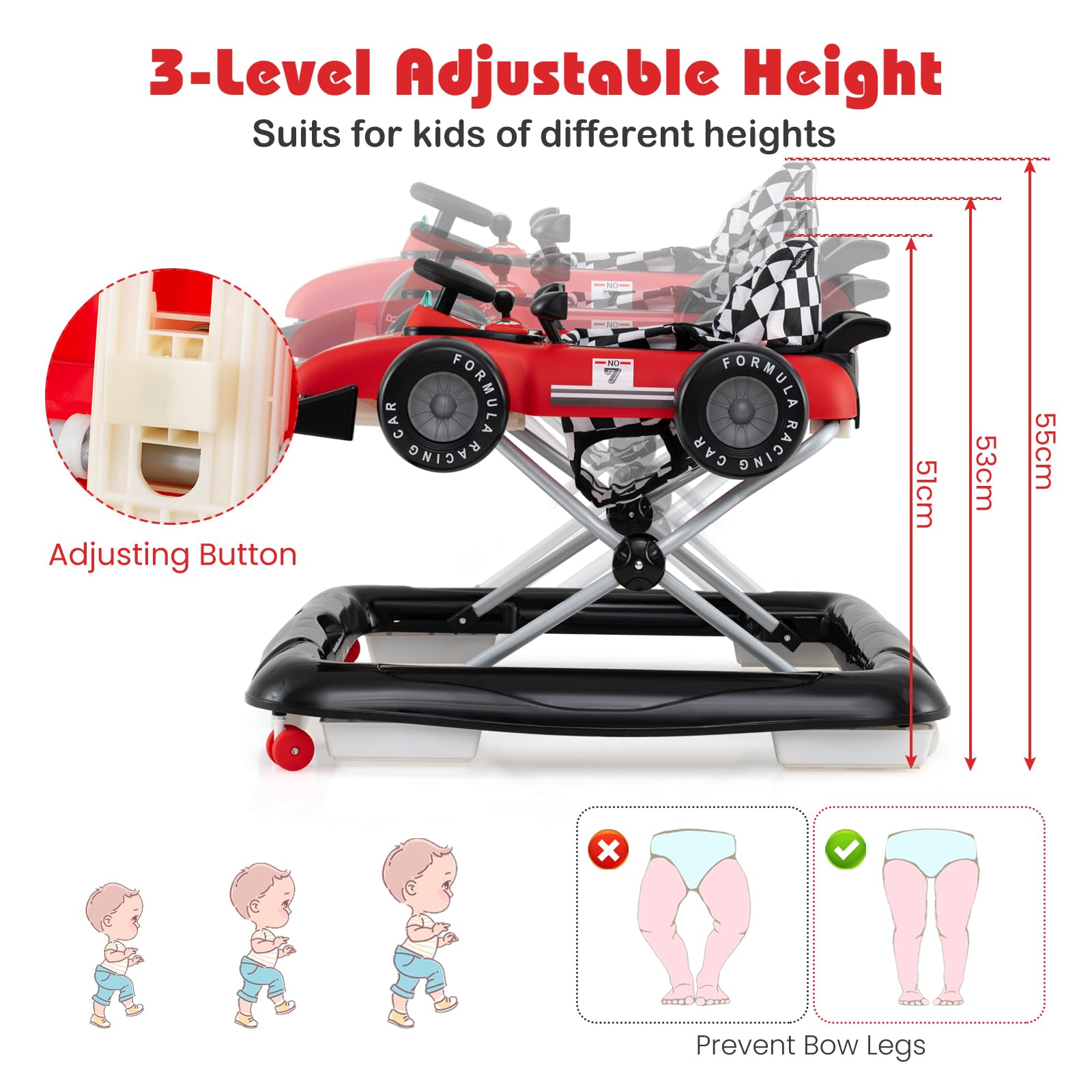 LIFEZEAL 4 en 1 Trotteur Bébé Evolutif avec 3 Hauteurs Réglables, Chariot de Marche Pliable avec Roues Universelles, Musique, Lumières, Trotteur d'Activité pour Garçon Fille 6-18 Mois, Charge 12 kg