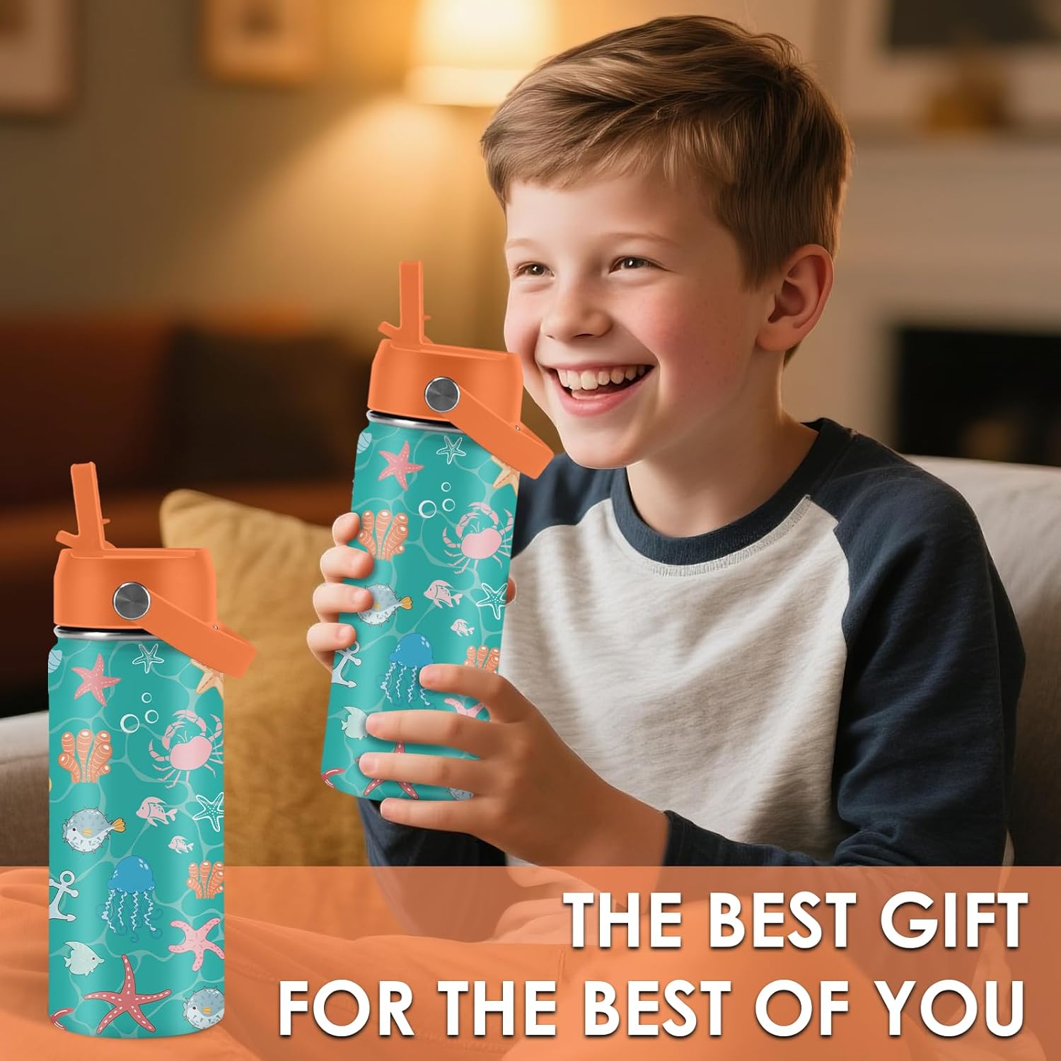 Ocean Gifts for Kids - 16 Oz Green Water Bottle with Straw Lid, Stainless Steel Insulated Tumbler, Leak Proof, BPA-Free, for Girls & Boys, School, Beach - Marine Life Lovers Birthday Gifts (1pc) - Image 8