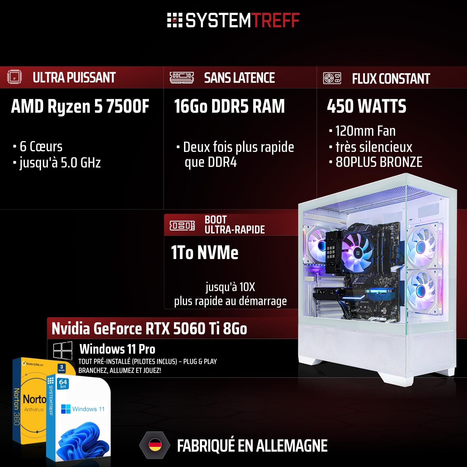 SYSTEMTREFF PC Gamer - AMD Ryzen 5 7500F - RTX 5060 Ti 8Go