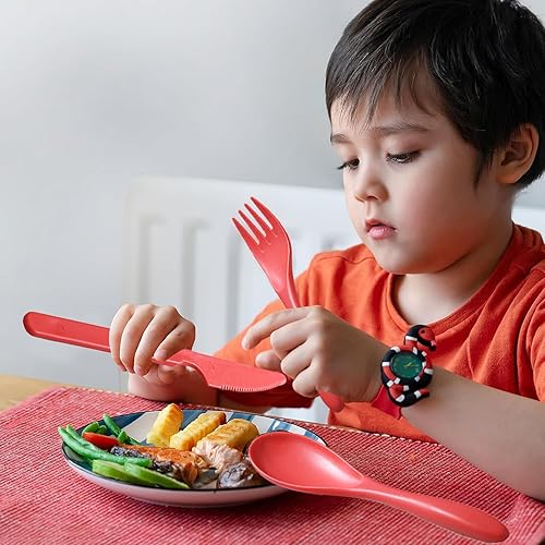 Miniatura 4 de Juego de cubiertos portátiles con estuche, juego de vajilla de plástico reutilizable, tenedor, cuchara, juego de utensilios de viaje para camping,