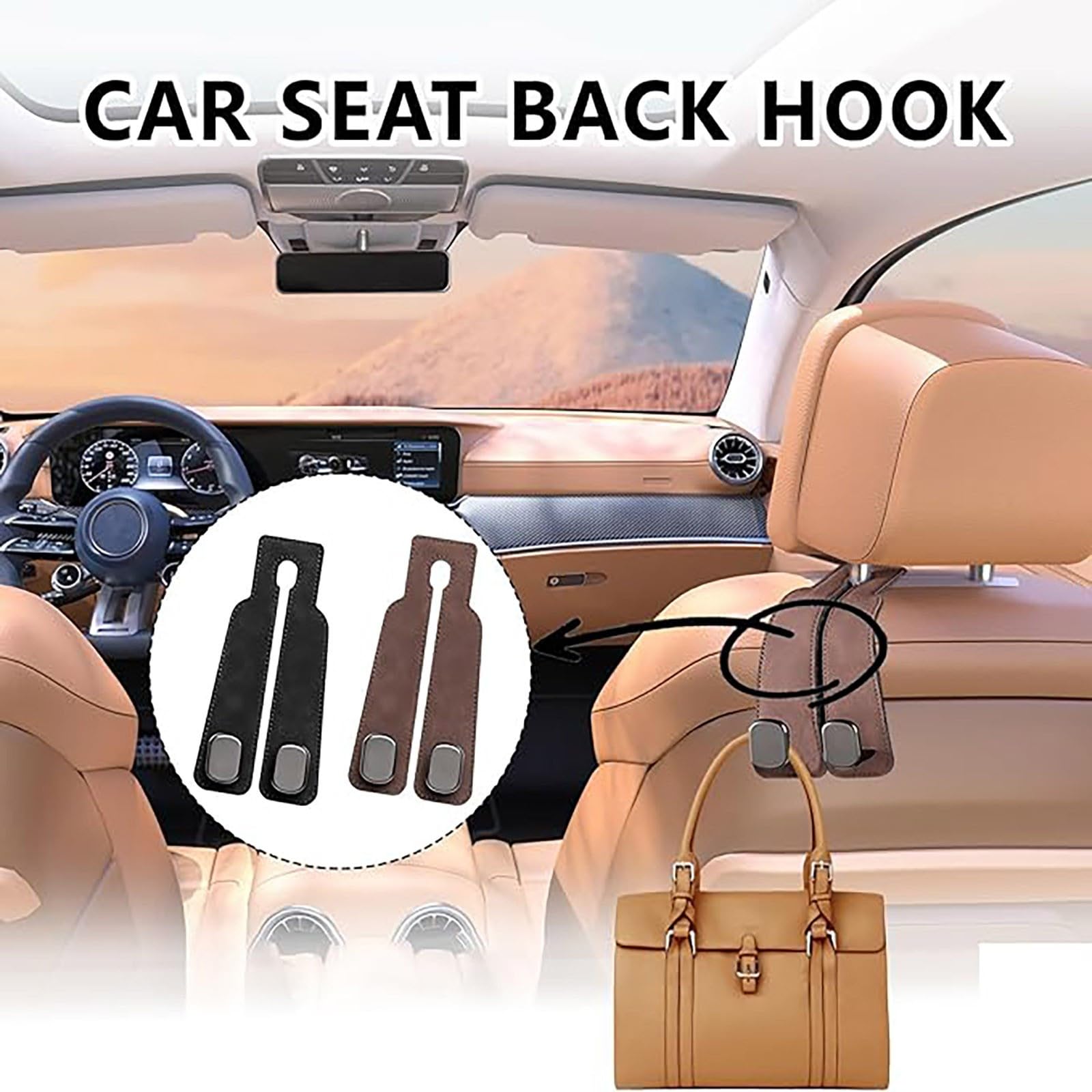 Headrest Hooks for Car, Car Seat Hooks for Headrest, Twin Hook Leather Car Headrest Hangers for Purses, Bags, Bottles, Seat Back Storage (Black 4pcs) — view 4