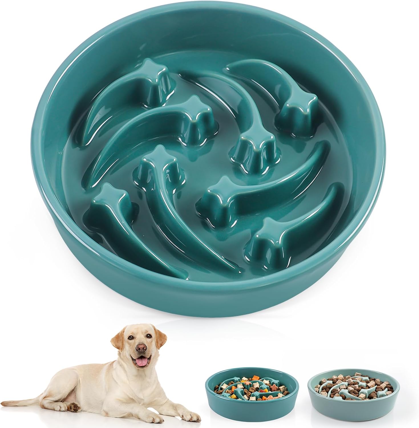 Ceramic Slow Feeder Dog Bowls,2 Cups Dog Food Dish for Medium & Large Breed | Puzzle Dog Food Bowl for Fast Eater, 28OZ, 8.15 inch(Dark Green)