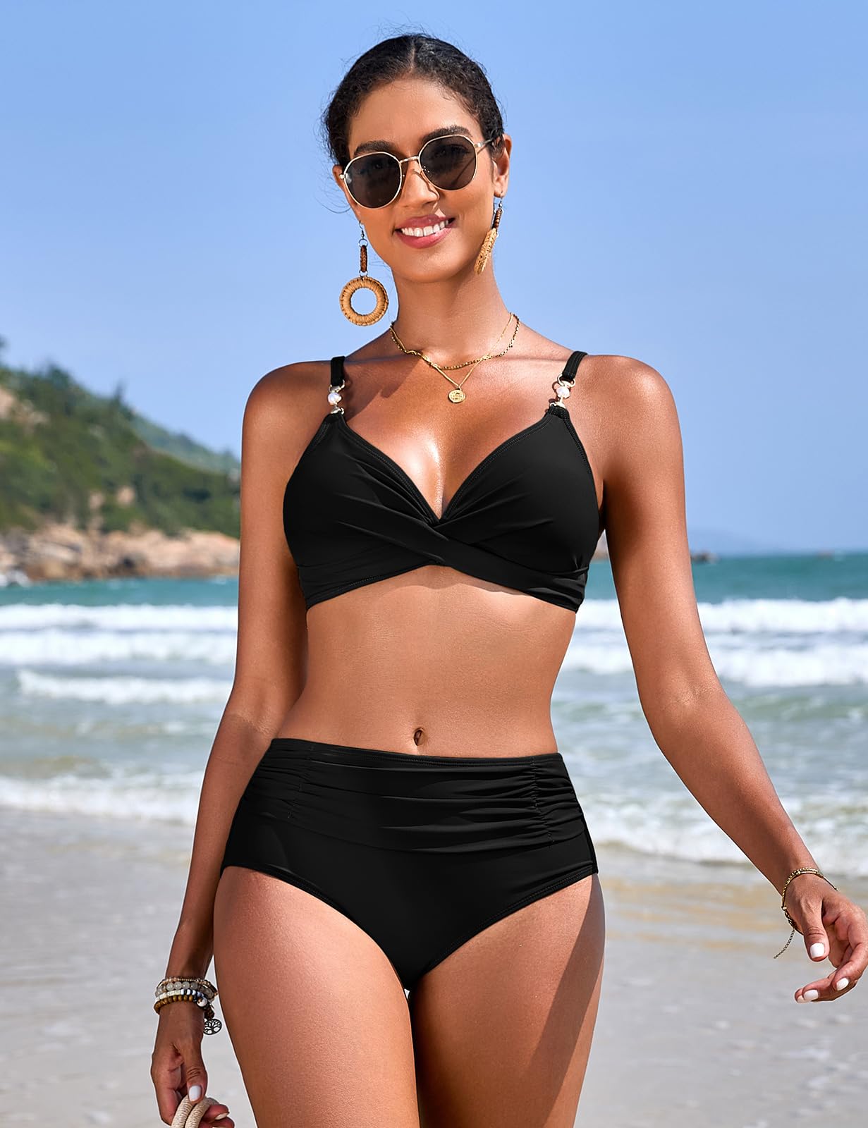 UMIPUBO Bikini Mujer Bañadores Traje De Baño 2 Piezas Sexy Push Up Cuello En V Perla Pliegues Reductores Control abdominal Conjunto Talle Alto Biquinis Dos Piezas