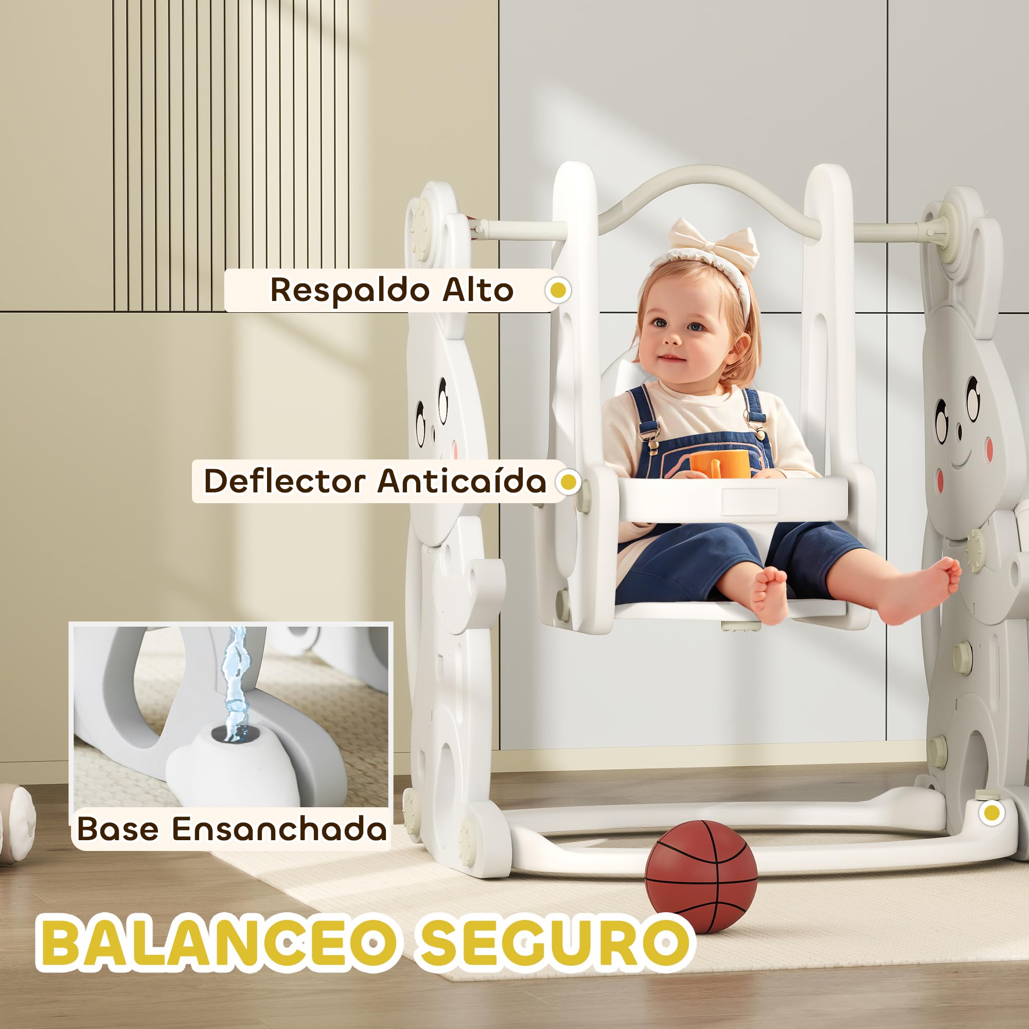 AIYAPLAY Tobogán Infantil 4 en 1 Columpio y Tobogán Trepador Aro de Baloncesto Temática de Conejo Parque Infantil para Interior y Exterior Gris y Blanco