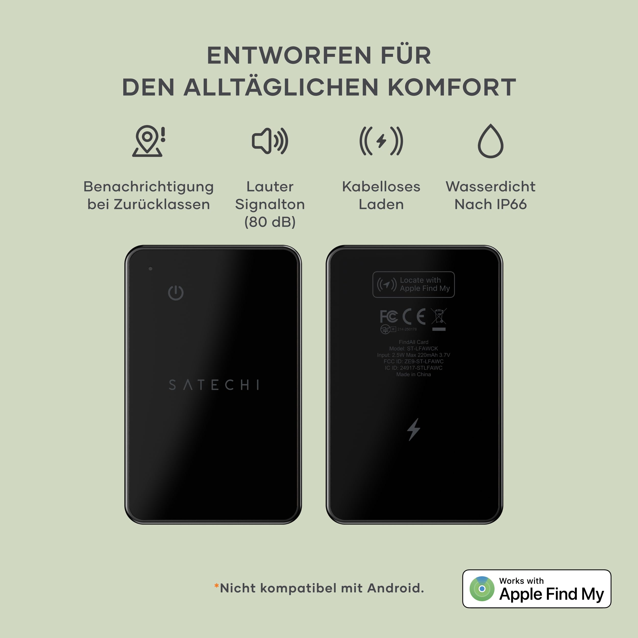 SATECHI FindAll Wallet-Kartenetui mit Find My, Tracker, Ortung, Standortverfolgung – für Geldbörsen mit Trennungsalarm, Tonsignal und kabelloser Aufladung, komp. mit iPhone, iPad & Mac – Schwarz