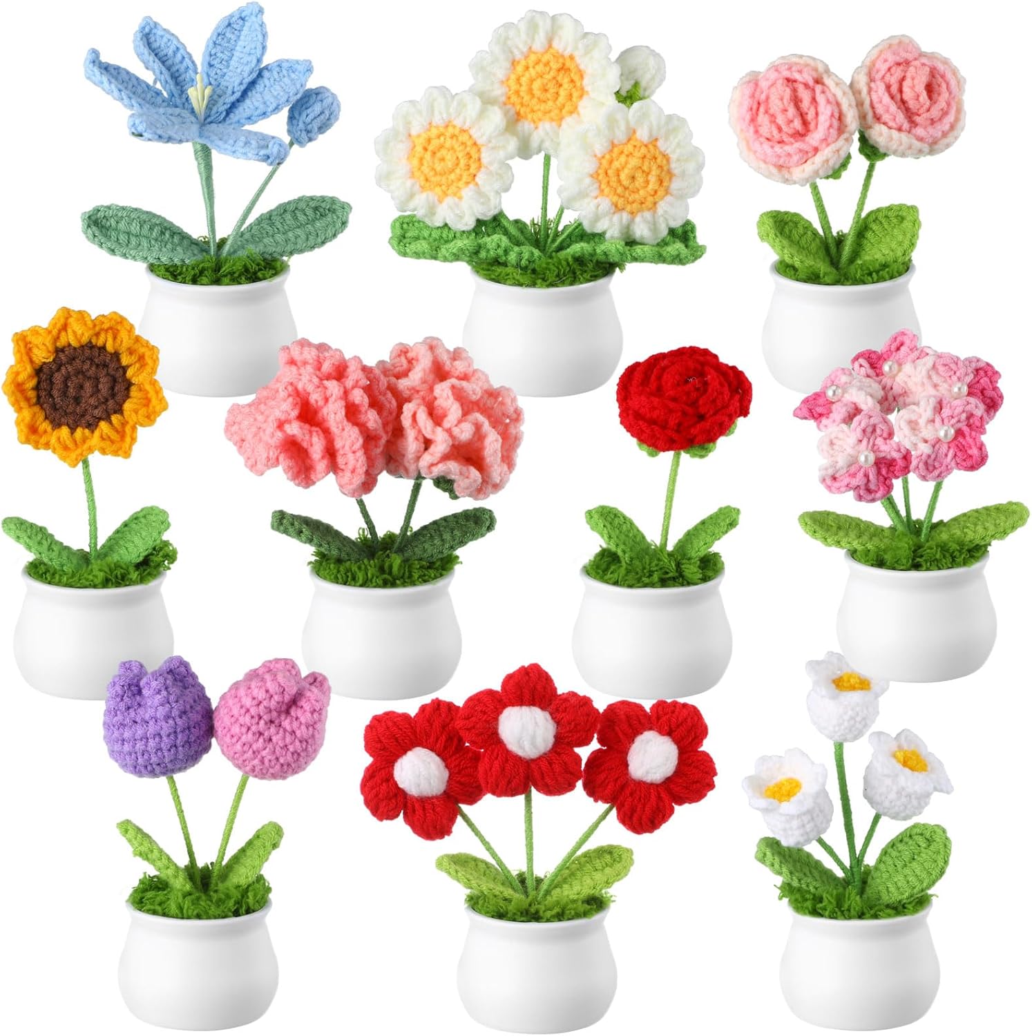 10 Pcs Thank You Gifts Spring Crochet Flower Pot Bulk Teacher Appreciation Gifts Handmade Mini Floral Potted Knitted Plant Bouquet Crochet Flower for Teacher Women Wedding Home Table Decor