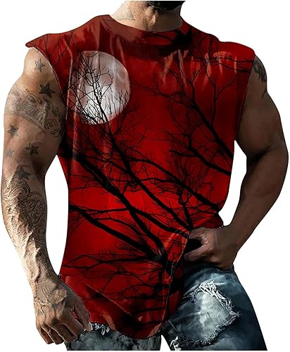 Camisetas sin Mangas para Hombre con Estampado Halloween sin Mangas Cuello Redondo Chaleco Deportivo Camiseta túnica