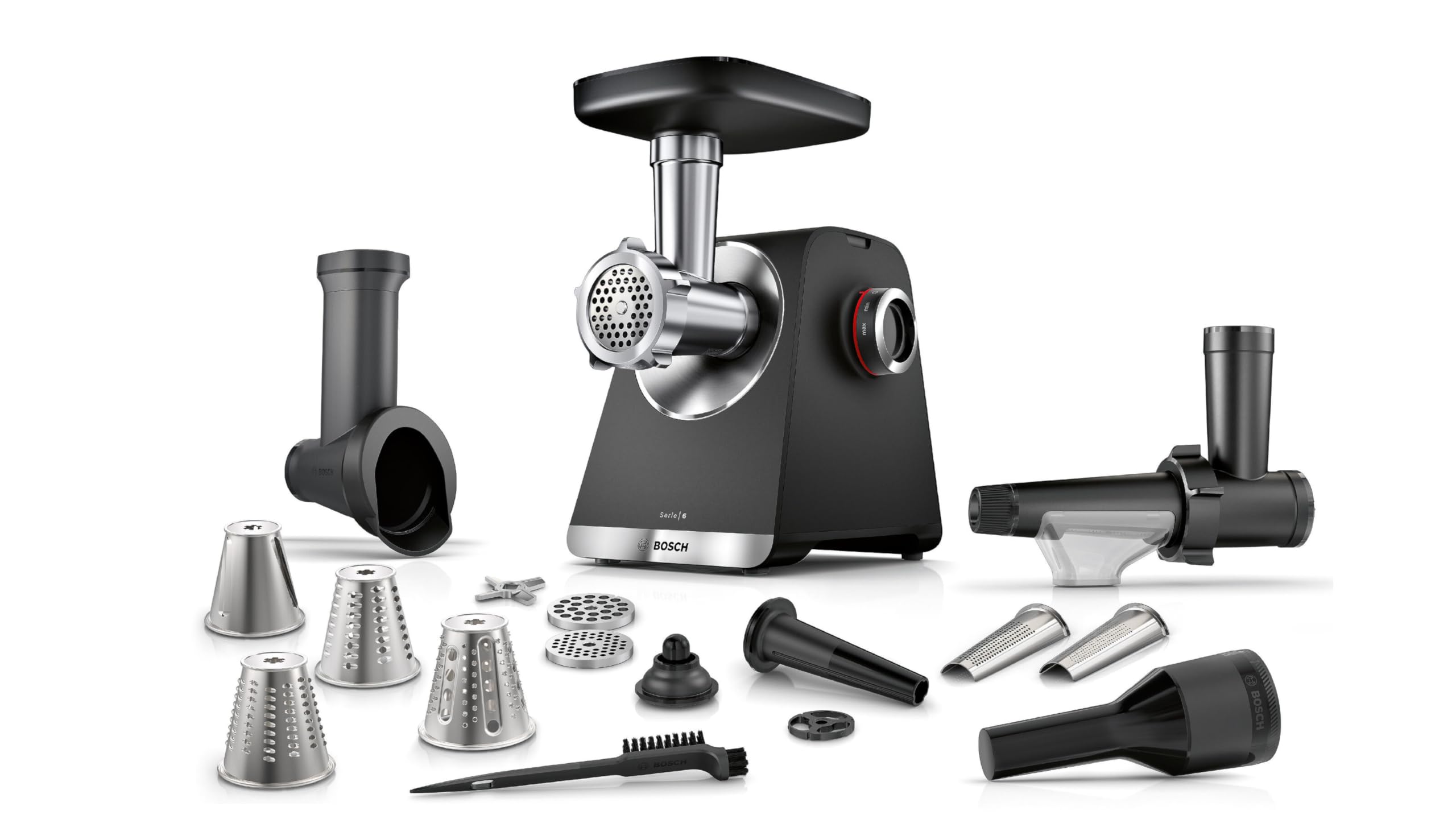 Bosch MFWS660B - Tritacarne serie 6, 3,5 kg/min., 2 dischi forati (3 & 8 mm), spremiagrumi, 2 livelli, 10 J garanzia motore, ingranaggi planetari, nero