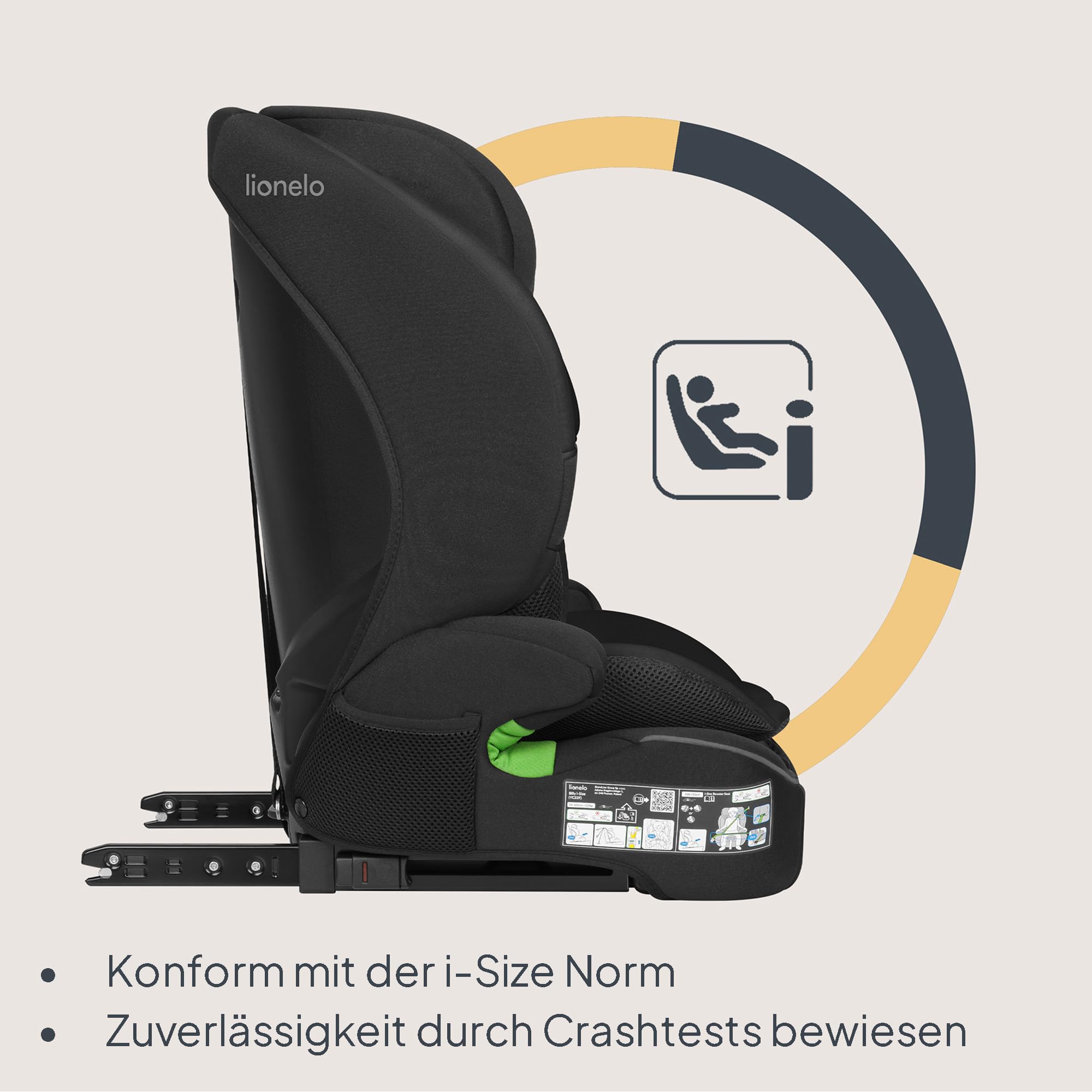 Lionelo Billy i-Size Kindersitz 76–150 cm (ab ca. 15 Monate–12 Jahre) | R129, ISOFIX & Top Tether oder Fahrzeuggurt, 5-Punkt-Gurt 76–105 cm, 10-fach Kopfstütze, Seitenaufprallschutz