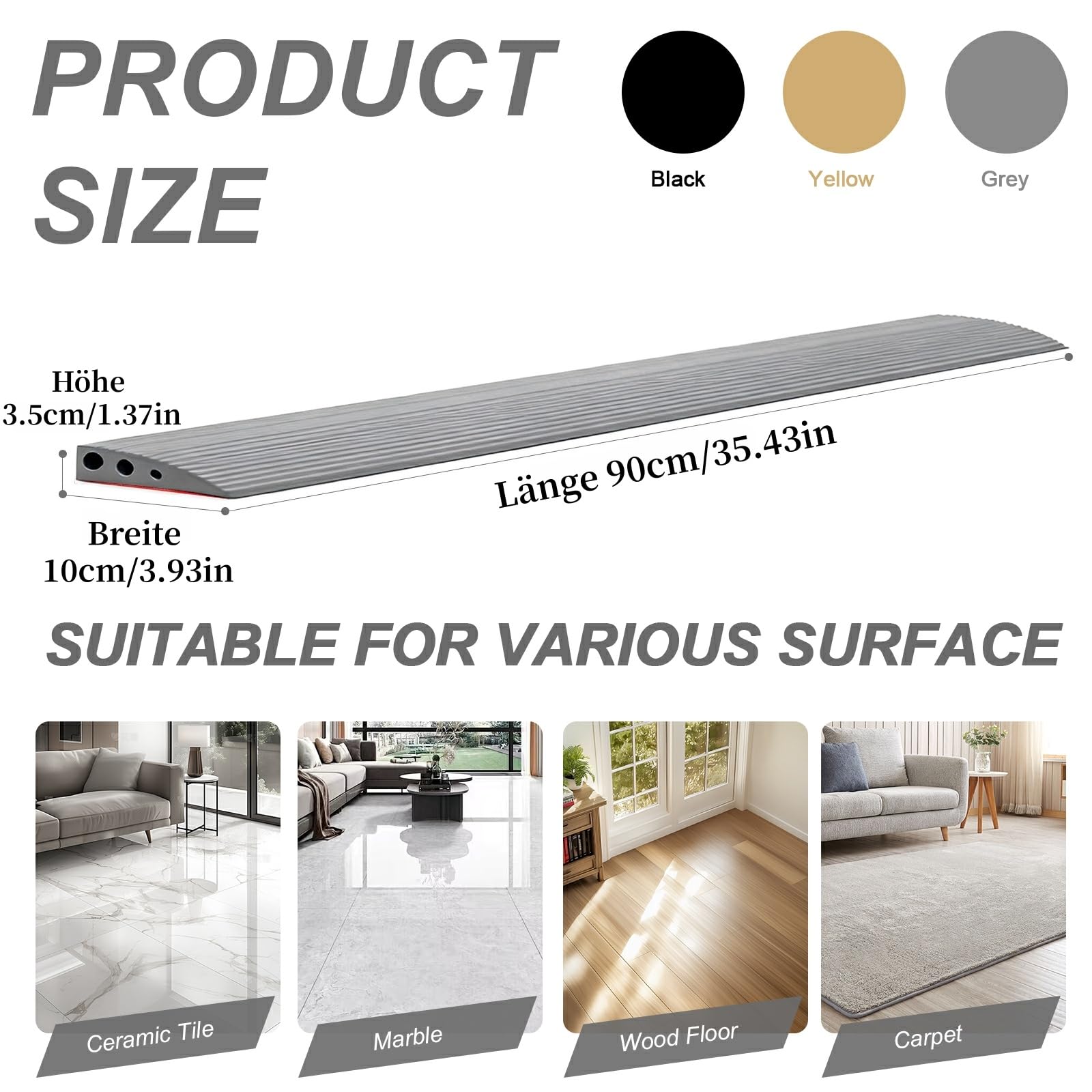 CUTIS Rampa per soglia, 90 x 10 x 3,5 cm, rampa per sedia a rotelle, in gomma piena, superficie antiscivolo, per sedia a rotelle, deambulatore, robot aspirapolvere passeggino (grigio)