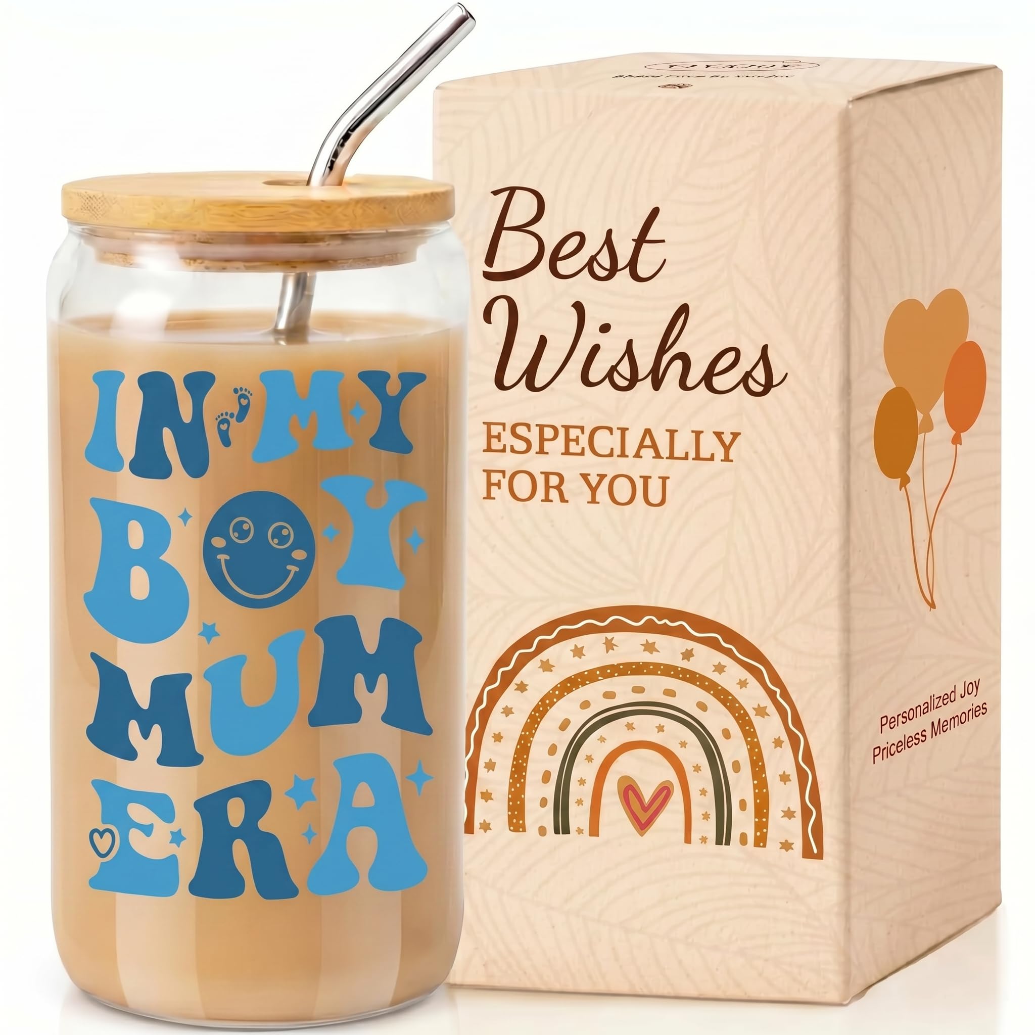 VivaJoy in My Boy Mum Era Glass Coffee Cup with Lid & Straw - Mum to Be Gifts, Pregnancy Gift for Expecting Mums, New Baby Gift for Boy Mama, Mother Birthday Christmas Day Present