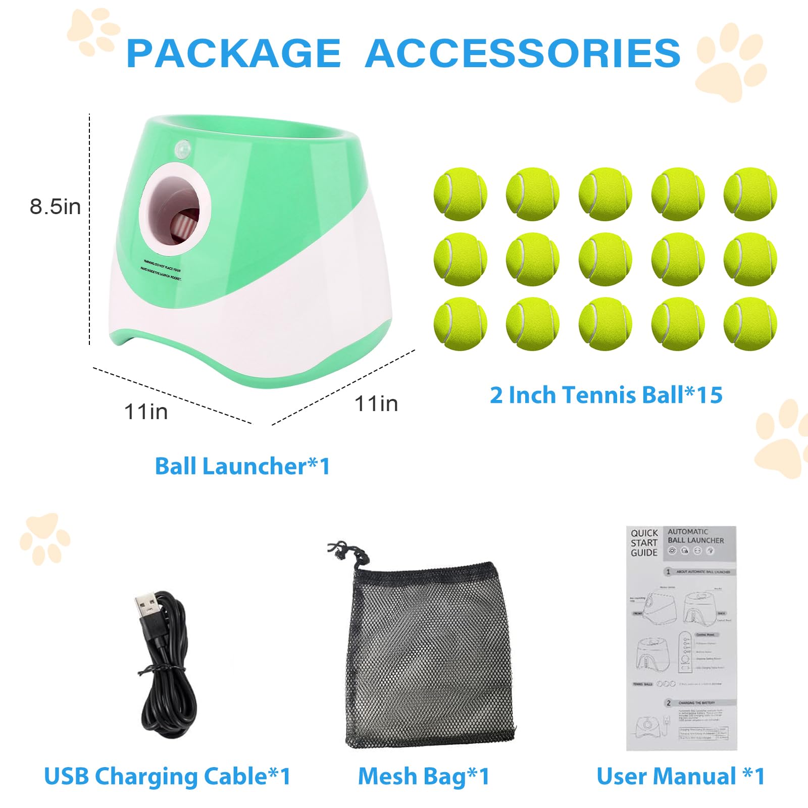 FAHKNS Automatic Dog Ball Launcher for Small Dogs, Indoor/Outdoor Interactive Dog Toy,USB Rechargeable Ball Thrower,10-30 Ft,Includes 15 Mini Tennis Balls,Green - image 5