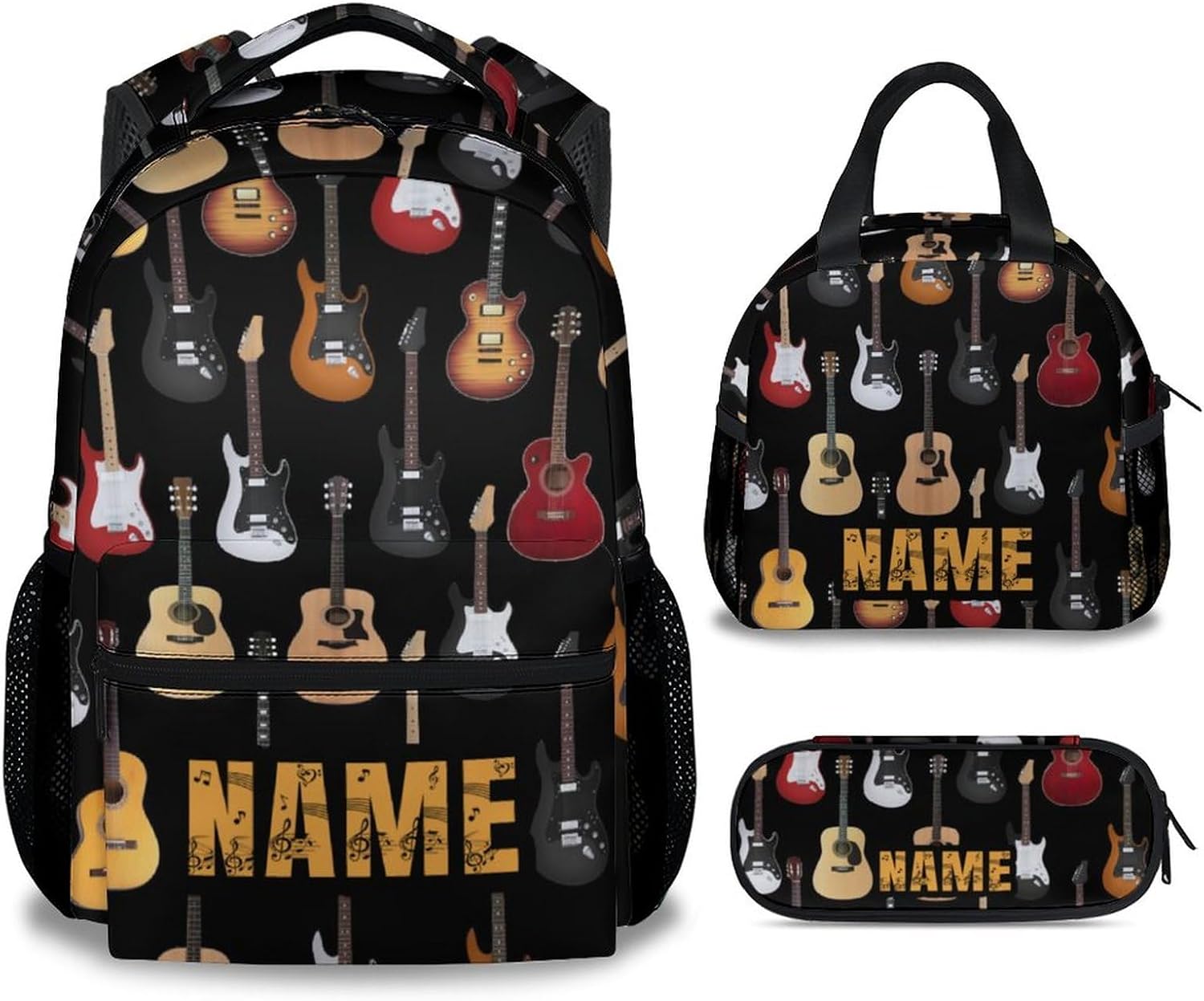 Mercuryelf Personalized Guitar Kids Backpack with Lunch Box Set, 3 in 1 School Backpacks Matching Combo, Popular Black Bookbag and Pencil Case Bundle