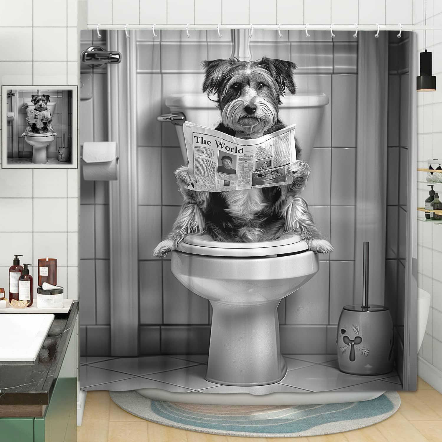 JAWO Funny Dog Shower Curtain, Novelty Fun Grey Animal Print Fabric Shower Curtains Set for Men Kids Boys Bathroom Decorative, Unique Cute Restroom