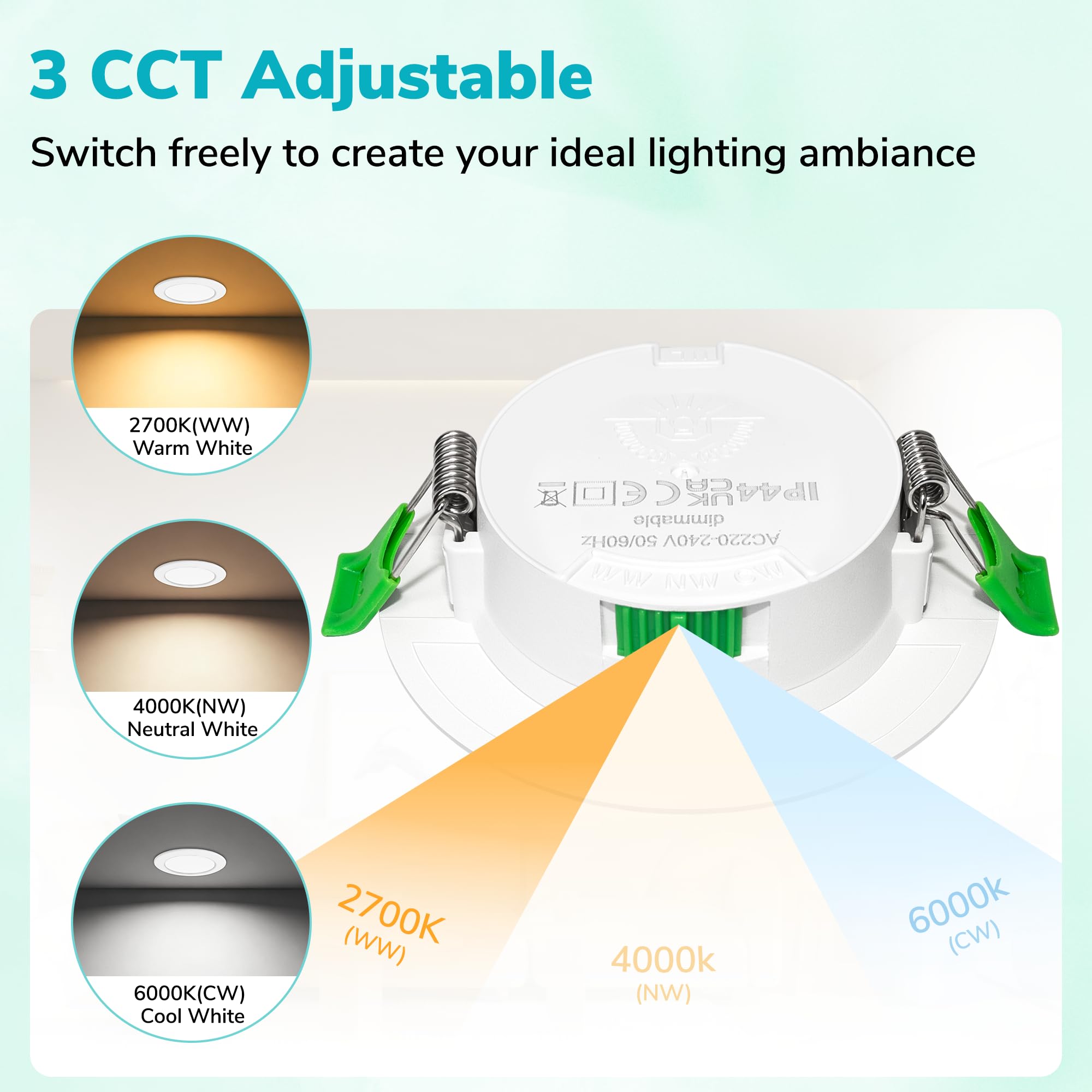 Pack de 10 Focos LED Empotrables Extra Planos 25 mm, 6W Regulables 0-100% con Regulador Externo, 2700K/4000K/6000K, IP44 Downlight LED Baño, CRI90, Corte Ø55-68 mm, 230V, Blanco