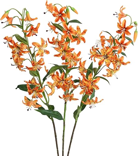 Miniatura 6 de Flores artificiales de lirio de tigre de tallo largo, flores artificiales para el hogar, hotel, arreglo floral, decoración de fiesta (naranja)