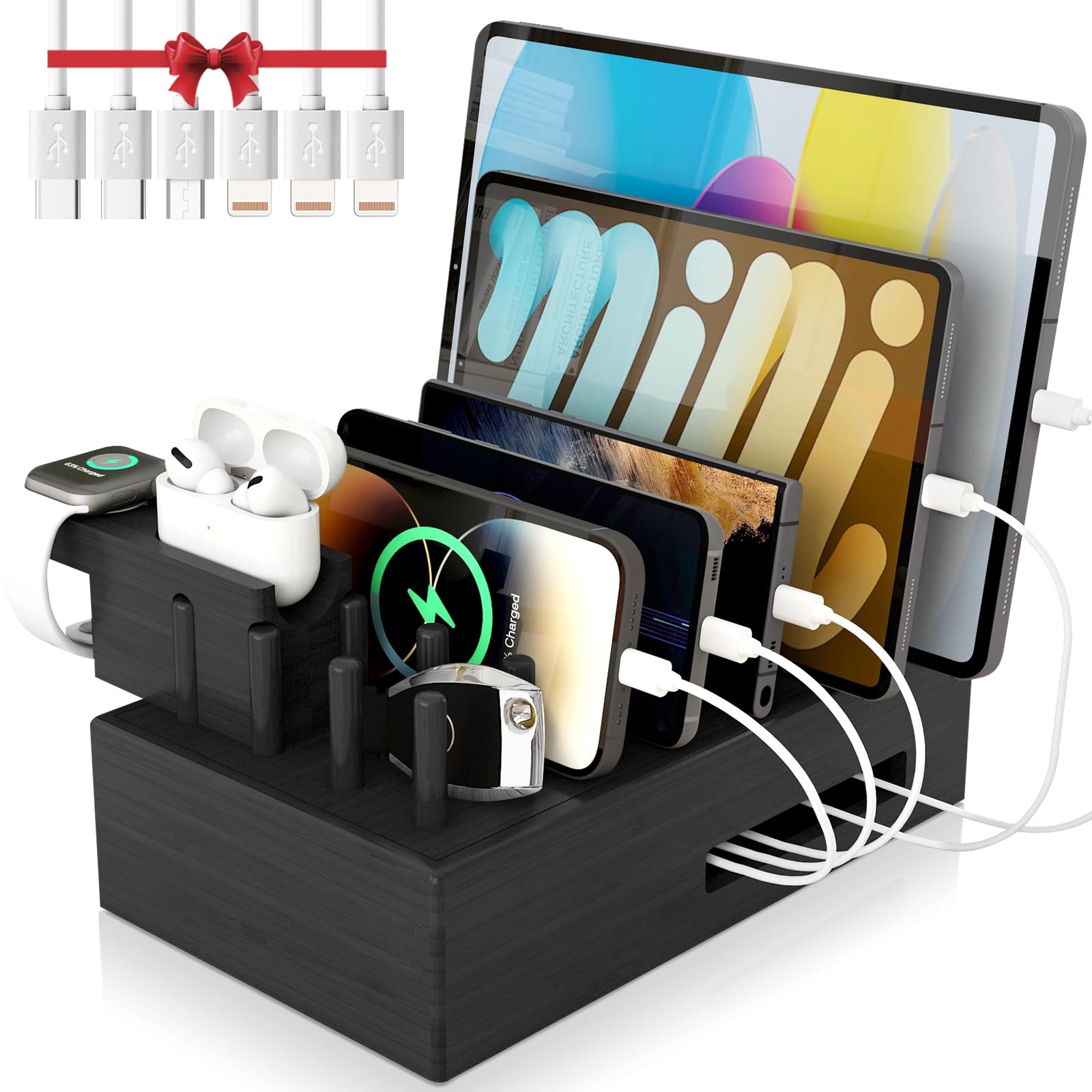 Charging Station for Multiple Devices - Darfoo Wood Charging Organizer, 7 USB Charging Ports Compatible with Cell Phones, Tablet, Smart Watch & Earbud(Black)