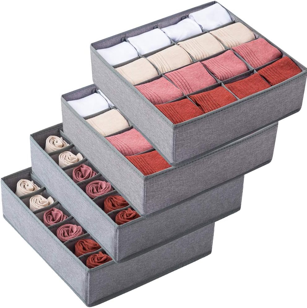 Qozary 4 Pack Socks Underwear Drawer Organizer Divider, 2 Pack 24 Cell and 2 Pack 16 Cell Collapsible Cabinet Closet Organizer Storage Boxes for Clothes, Socks, Lingerie, Underwear, Ties (Gray)