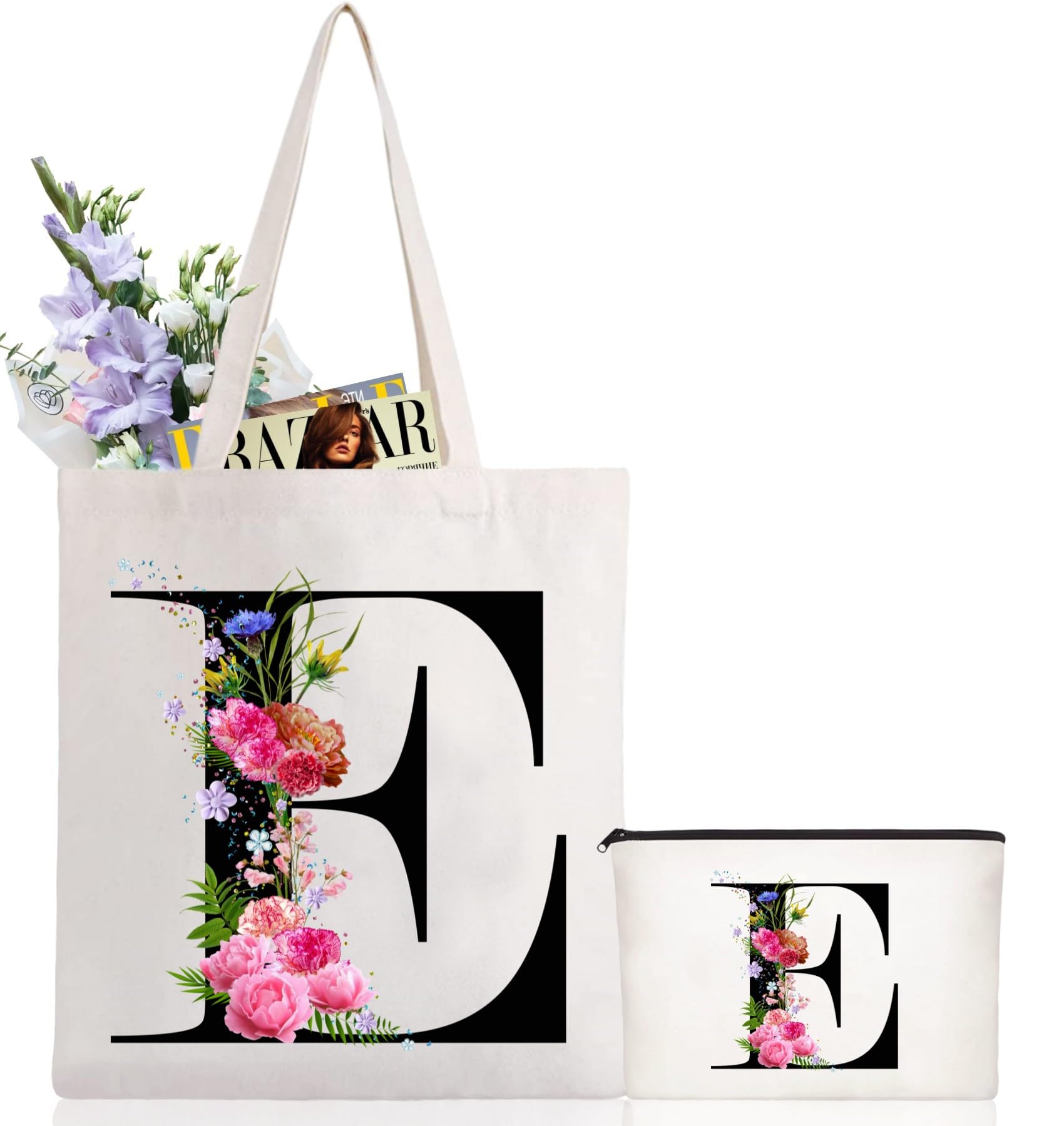 Andeiltech Initial Canvas Tote Bag Floral Letter Personalized Makeup Bag Monogrammed Gift for Bridesmaids Birthday Wedding