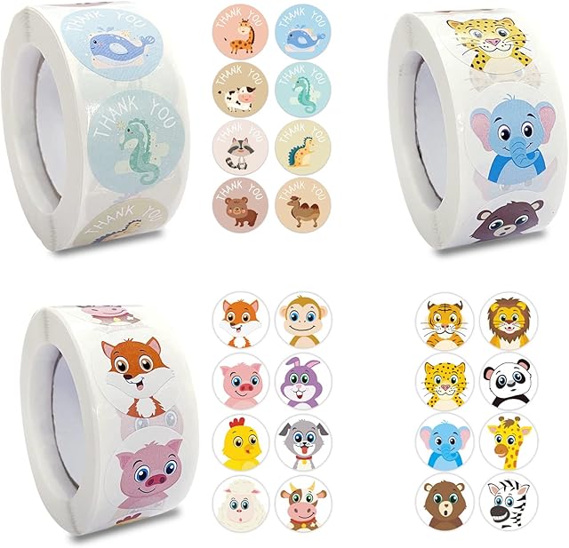 YSDYY 1500 Animal Stickers, Self Adhesive Round Stickers, Wildlife Jungle Stickers, Cute and Funny, Kids Crafts for Kids Party Gifts, Gift Wrap Decoration