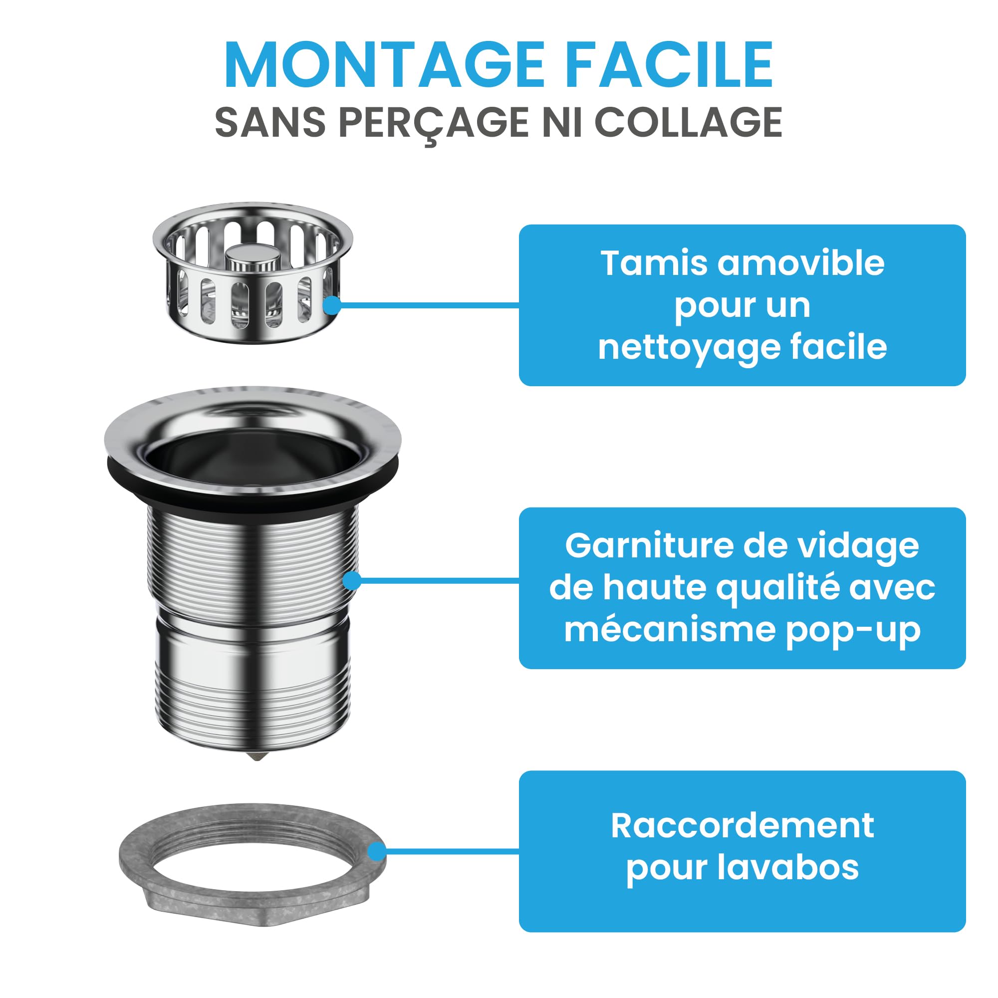 Bächlein Bonde de vidange Pop Up sans trop-Plein pour l'évier [Ø 70 mm], Pop Up pour la Cuisine, vidage d'évier en Acier Inoxydable Poli, bonde de trop-Plein, Valve de vidange, Bouchon de vidange