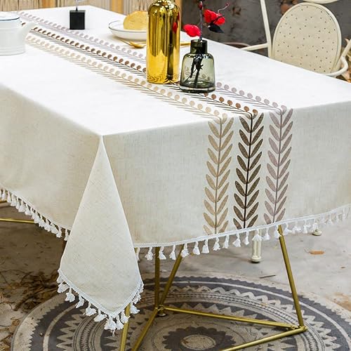Miniatura 3 de Mantel rectangular de lino, tela impermeable, arpillera rústica, bohemio, bordada, con borlas, para fiestas, campamentos, pícnic, decoración de mesa