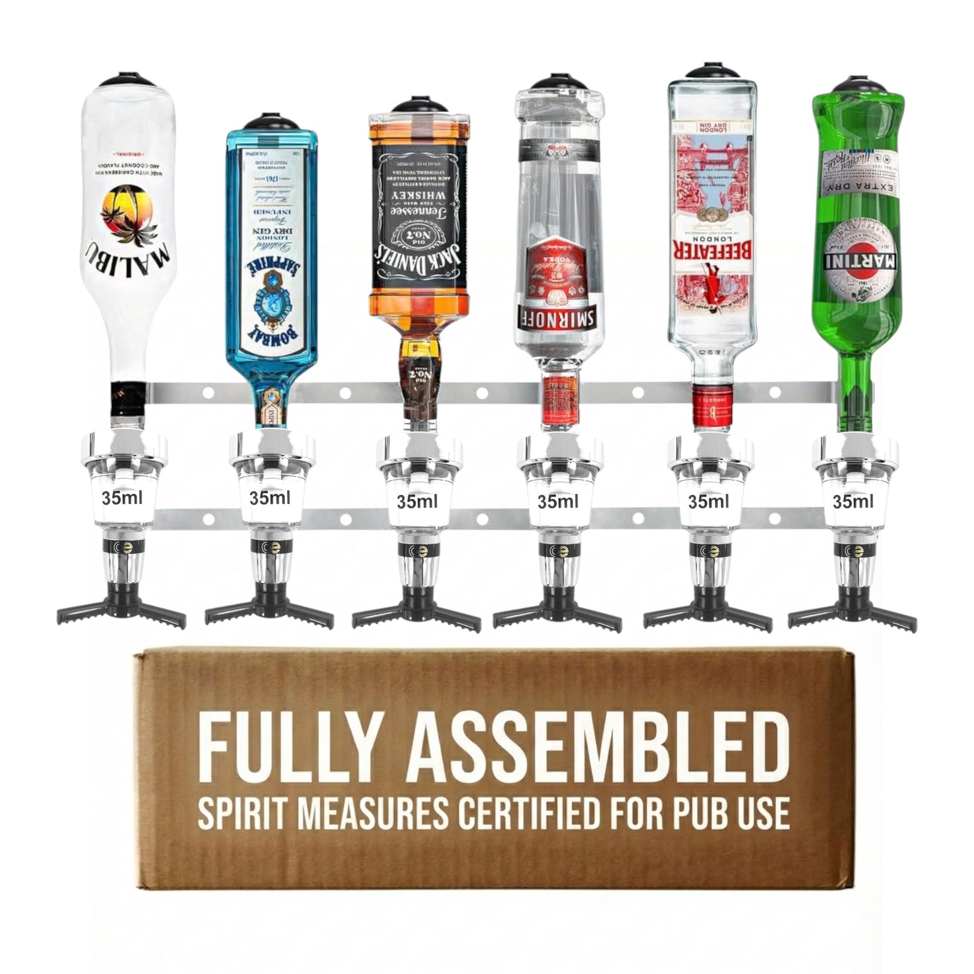 Chabrias Ltd 6 Bottle Chrome Traditional 6 Bottle Wall Bar 25Ml Chrome Optic Rail Uk Made, Fully Assembled Metal Bracket & Pub Trade Compliant Traditional Spirit Optic, Fits 70Cl–1.5L Bottles