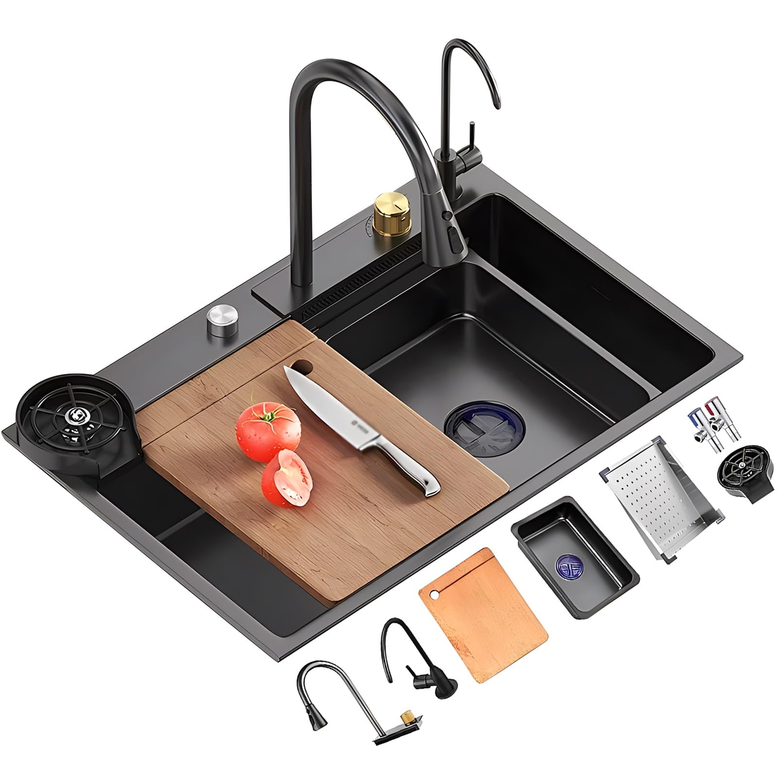 YADZISW Stainless Steel Single Bowl Kitchen Sink with Waterfall Faucet Sliding Workstation & Glass Rinser Accessories - 68x45x22cm Modern Design for Efficient Cooking