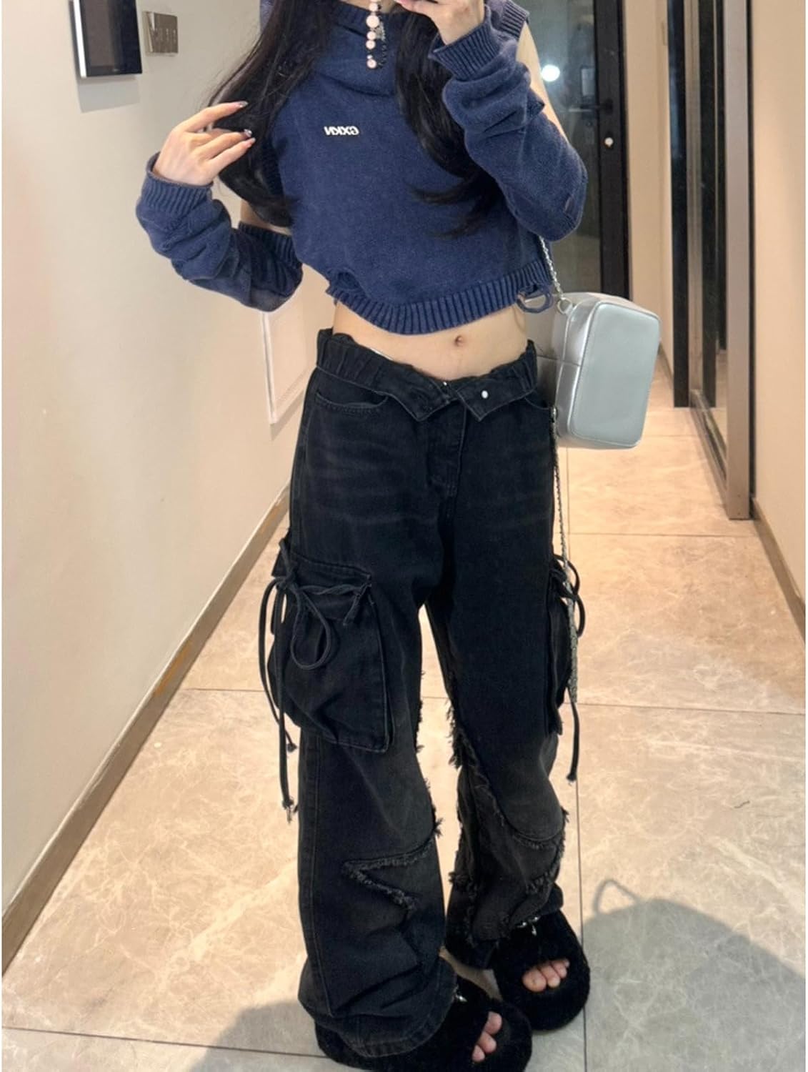 Women's Five Point Star Work Dress Jeans Multi Pocket High Waist Loose Y2K Drop Feel Jeans Gothic Wide Leg Pants - Image 5