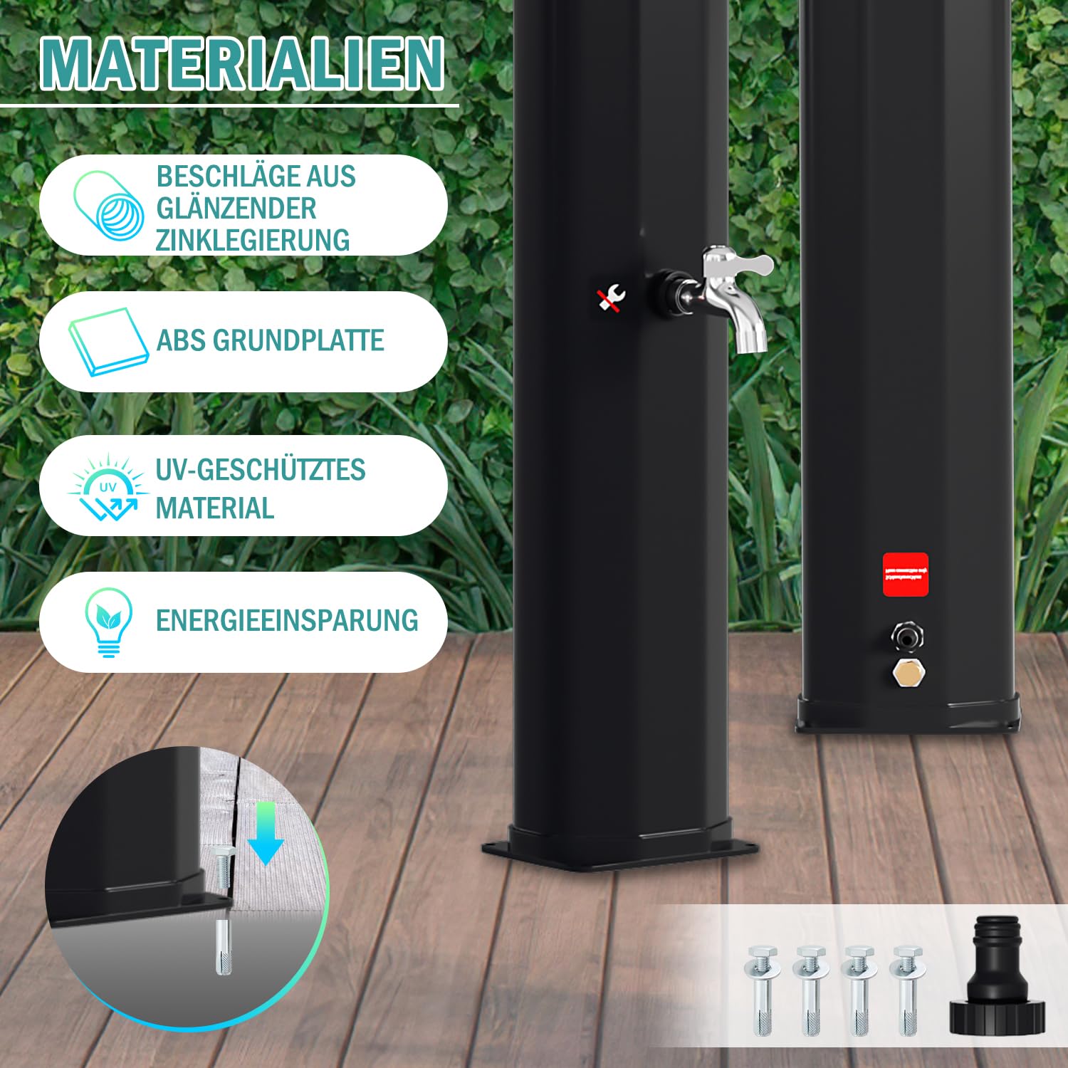 Randaco Prysznic solarny 35 l, prysznic ogrodowy, ciepła woda do 60°C, bez przyłącza prądu, prysznic basenowy, kemping, z prysznicem nożnym i obrotową głowicą deszczową, czarny