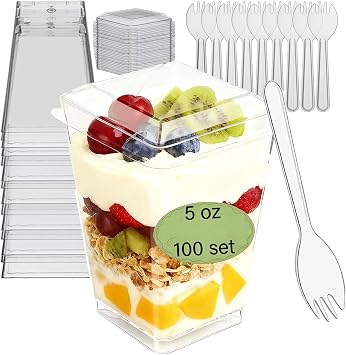 300 Pack 100 Set Clear Dessert Cups with Lids and Spoons, 5.4oz Mini Dessert Cups Reusable Square Parfait Cup for Party Appertizer, Christmas