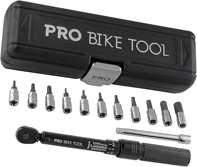 PRO BIKE TOOL 1/4 Inch Drive Click Bike Torque Wrench Set  2 to 20 Nm  Bicycle Torque Wrench Maintenance Kit for Road & Mountain Bikes - Includes Allen & Torx Sockets, Extension Bar & Storage Box