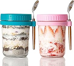 Axim Overnight Oats Jars with Lid and Spoon,13.5 oz Mason Jars with Lid,Airtight Yogurt Oatmeal Container with Measurement Marks for Cereal On The Go Containers (Pink+Green)