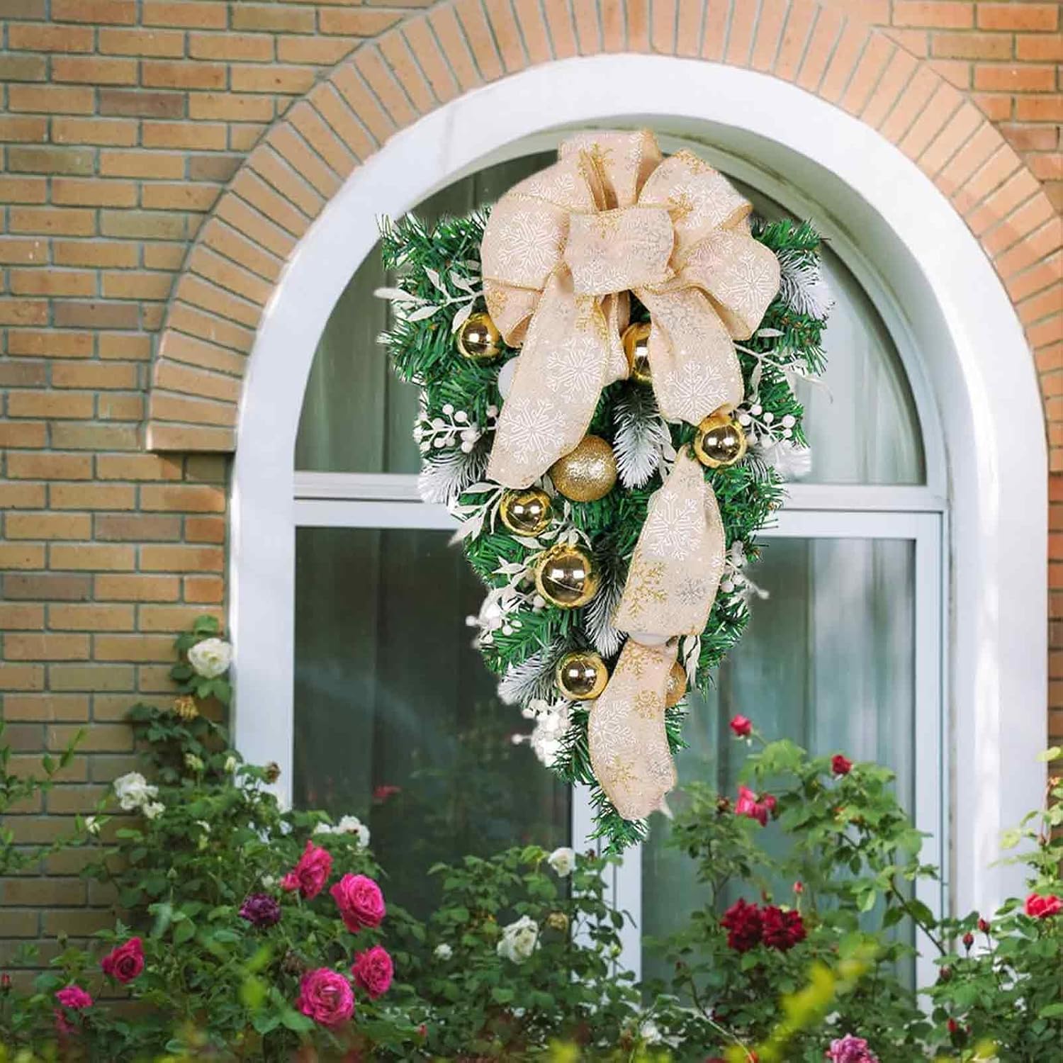 MINGZHE Snowflake Ribbon Hanging Tree,Christmas Swag Teardrop Christmas Wreaths for Front Door Christmas Door Wreath Teardrop Wall Decor Hanging Decoration 3x8x48cm