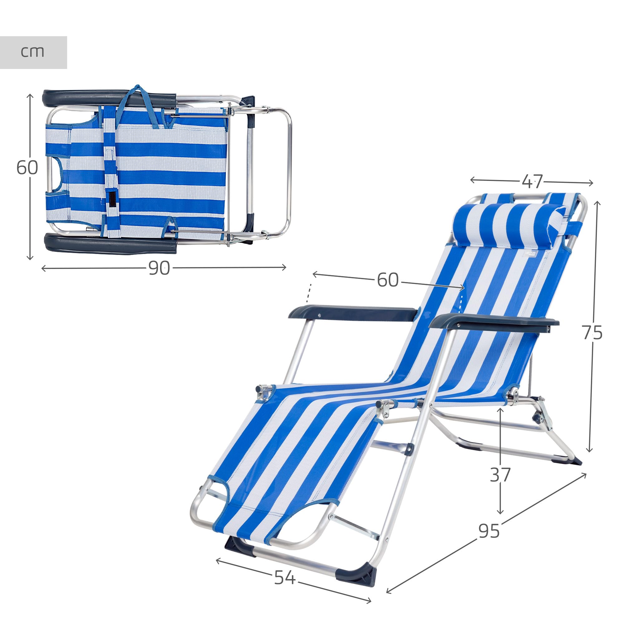AKTIVE Tumbona Plegable y reclinable Azul, 2 Posiciones, Material: Aluminio y textileno, Medidas: 47x95x75cm, Peso máx. soportado 110Kg, Tumbonas Plegables para Playa, terraza y c (62299)