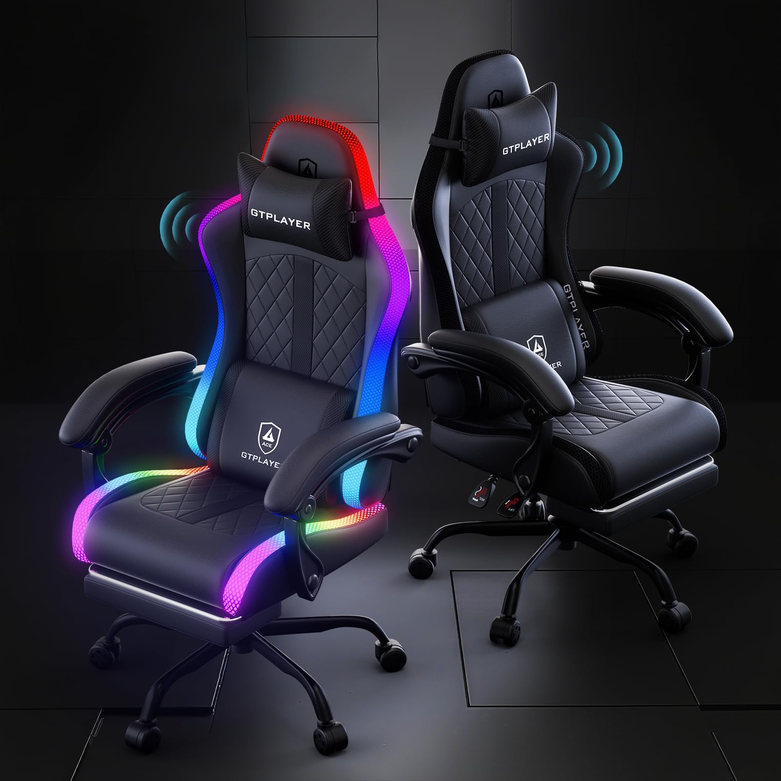 GTPLAYER RGB Gaming Chair with Speakers, Computer Gamer Chair with Footrest and LED Lights, PC Gamer Chairs for Adults, High Back Reclining Office