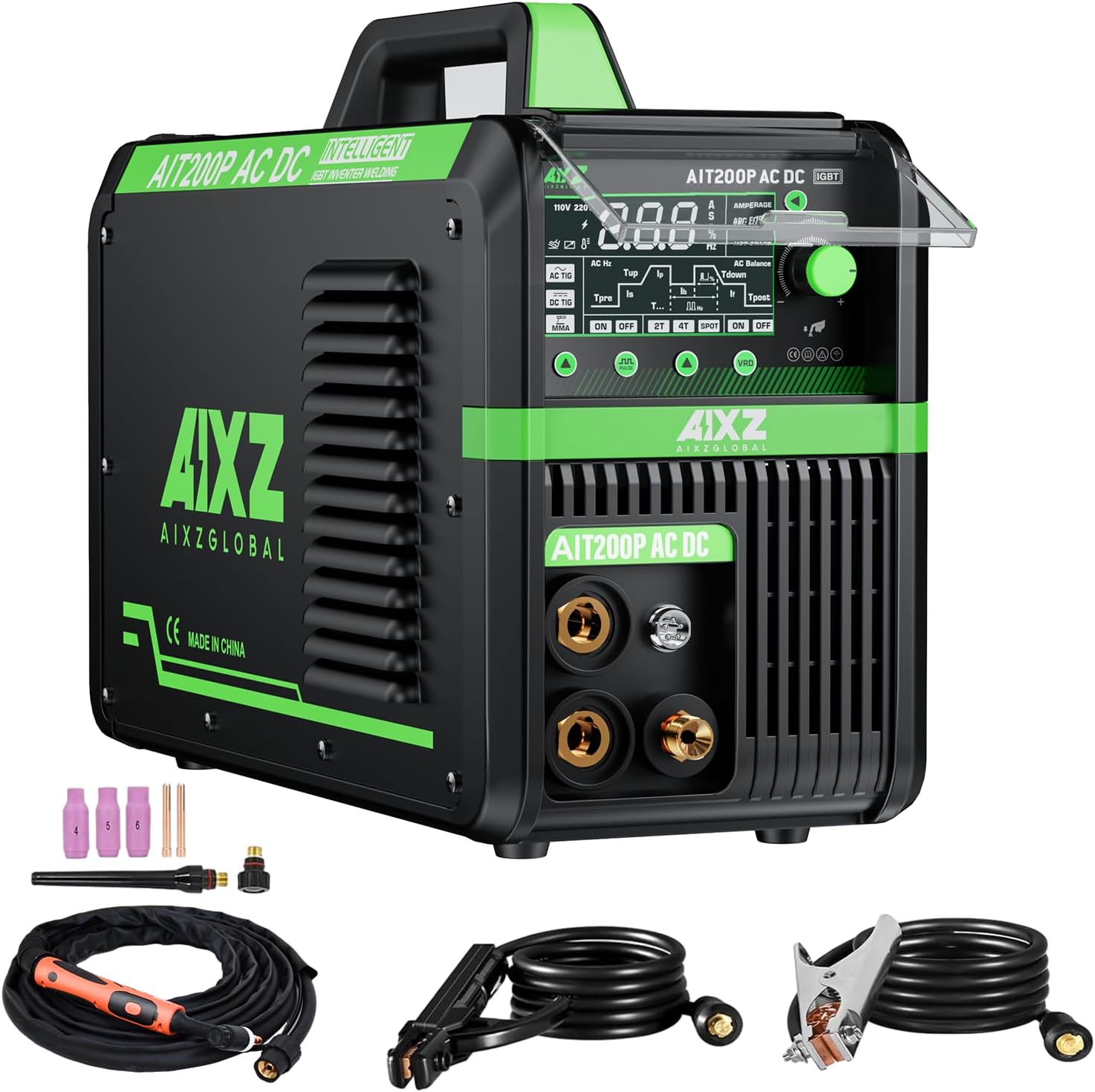 AIT200P AC/DC TIG Welder, 200A 110V/220V Aluminum Welding Machine with AC/DC TIG, Pulse TIG, Spot TIG, HF Start & Stick Welding, Foot Pedal Compatible, IGBT Inverter, Large HD Display