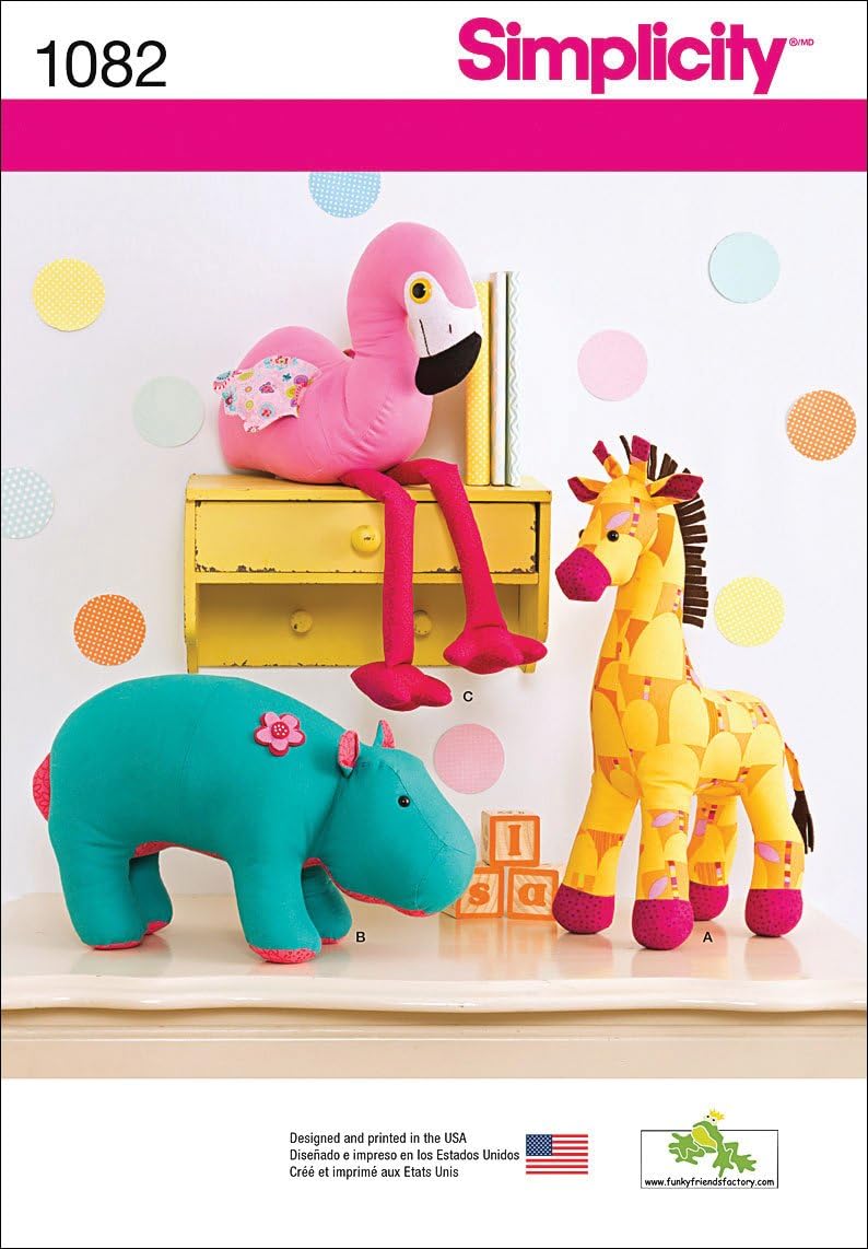Simplicity 1082 Children's Hippo, Flamingo, and Giraffe Stuffed Animal Sewing Pattern, One Size Only