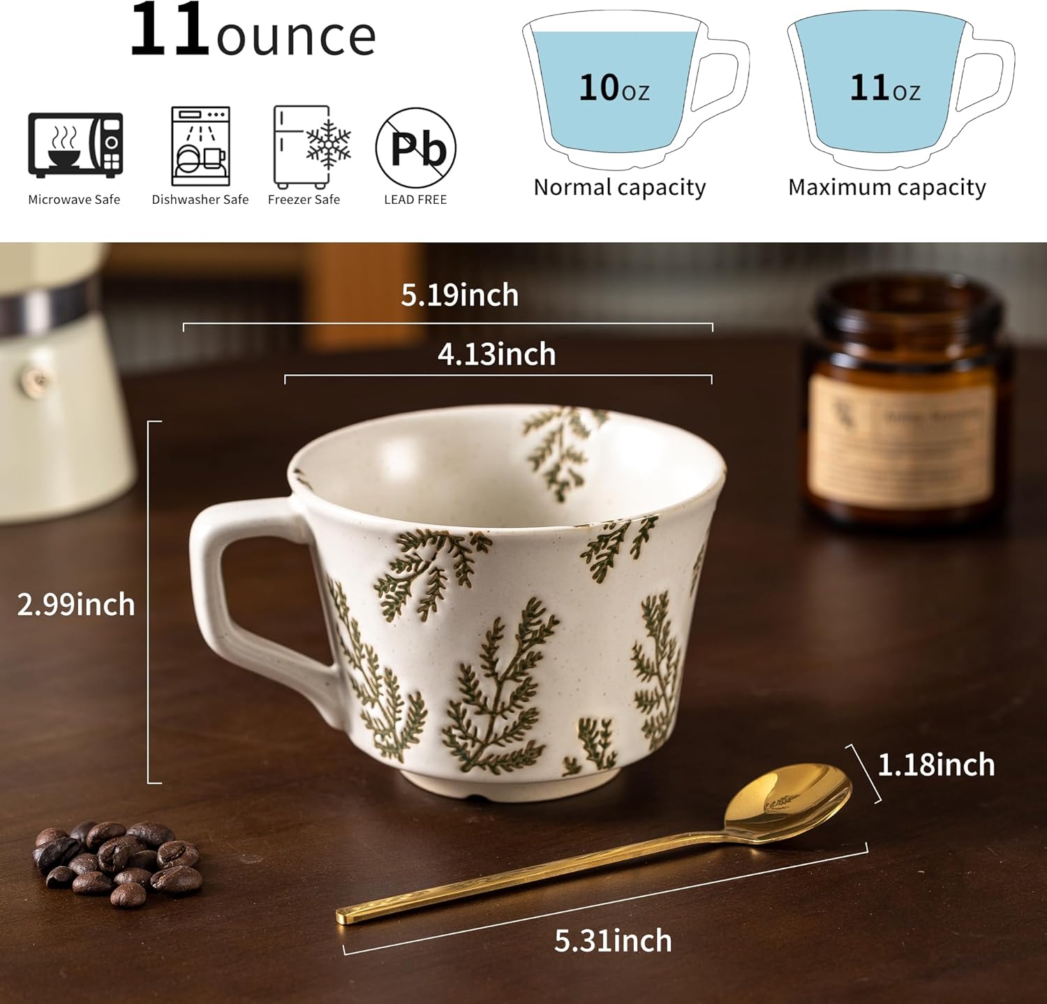 Coffee Mugs Set of 4 with Gold Spoon, 11 oz Porcelain Mug, Ceramic Tea Cups with Handle for Men Women, Hand-painted Mug, Birthday Housewarming Wedding Gift, Dishwasher Microwave Safe - Image 6