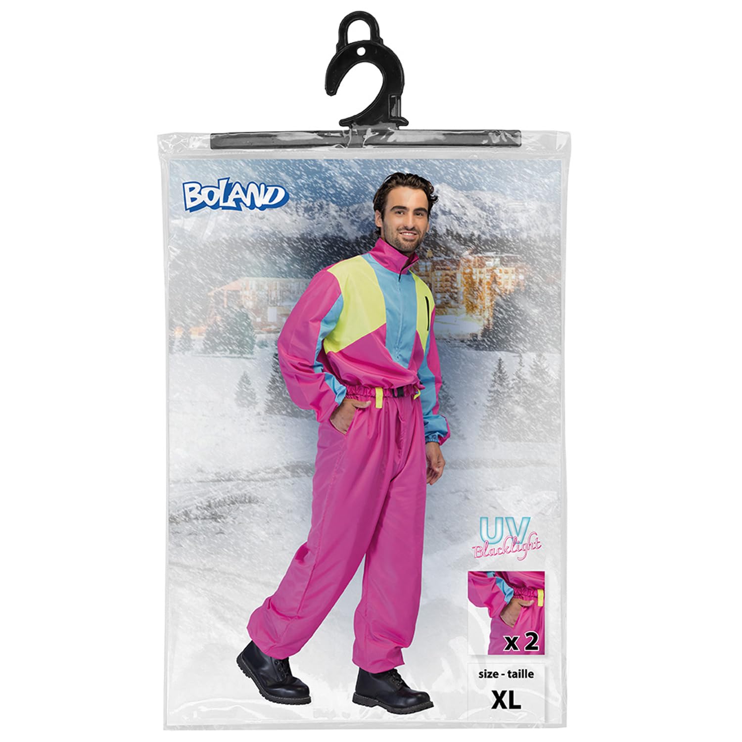 Boland – Combinaison de ski rétro rose, brille sous la lumière noire, costume des années 80 pour hommes, tenue pour après-ski, costume pour carnaval
